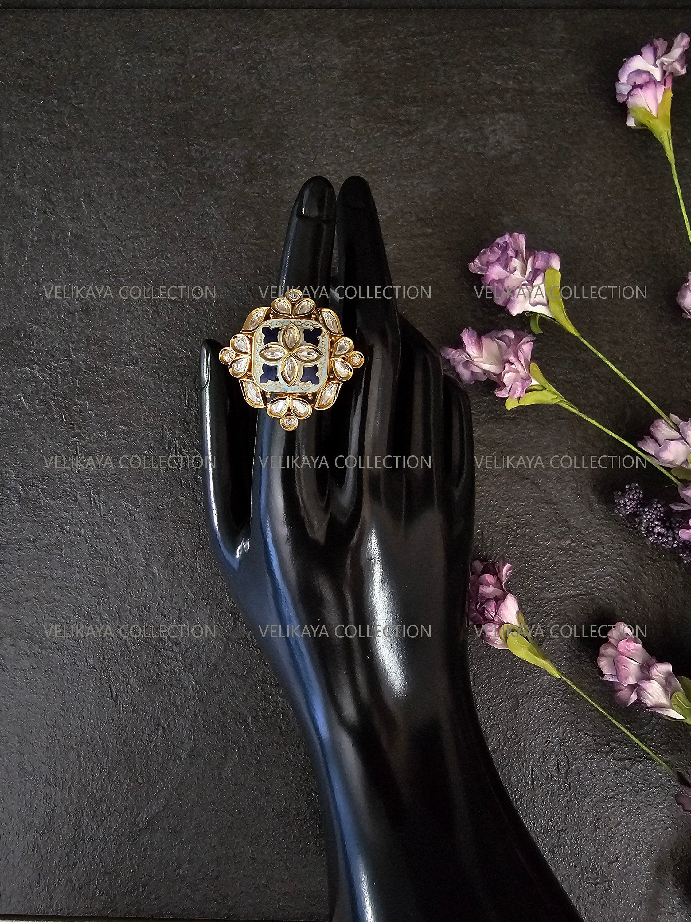 Meenakari Kundan Ring - Gold Blue