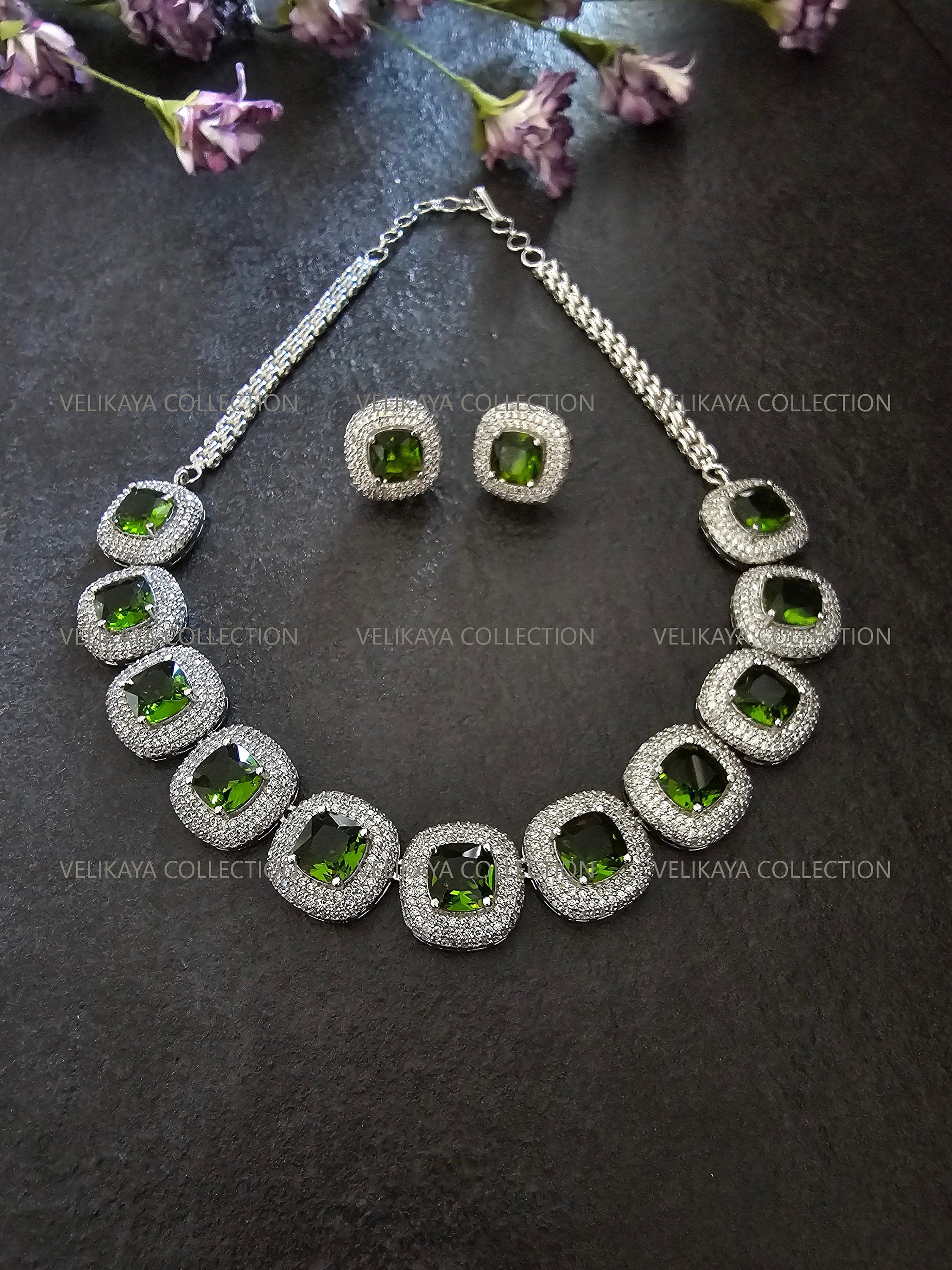 Milleni Peridot Green CZ Diamond Necklace Set