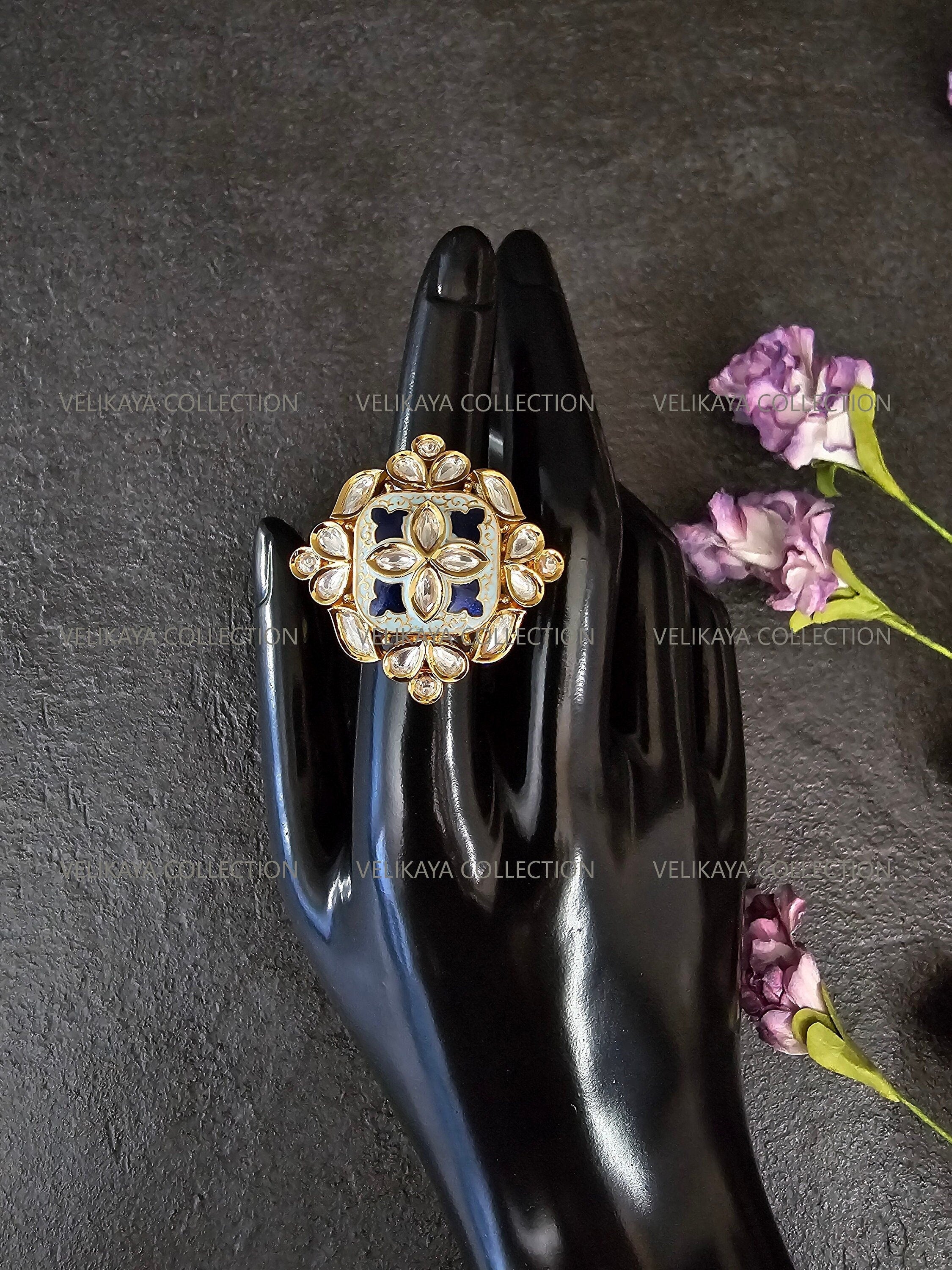 Meenakari Kundan Ring - Gold Blue