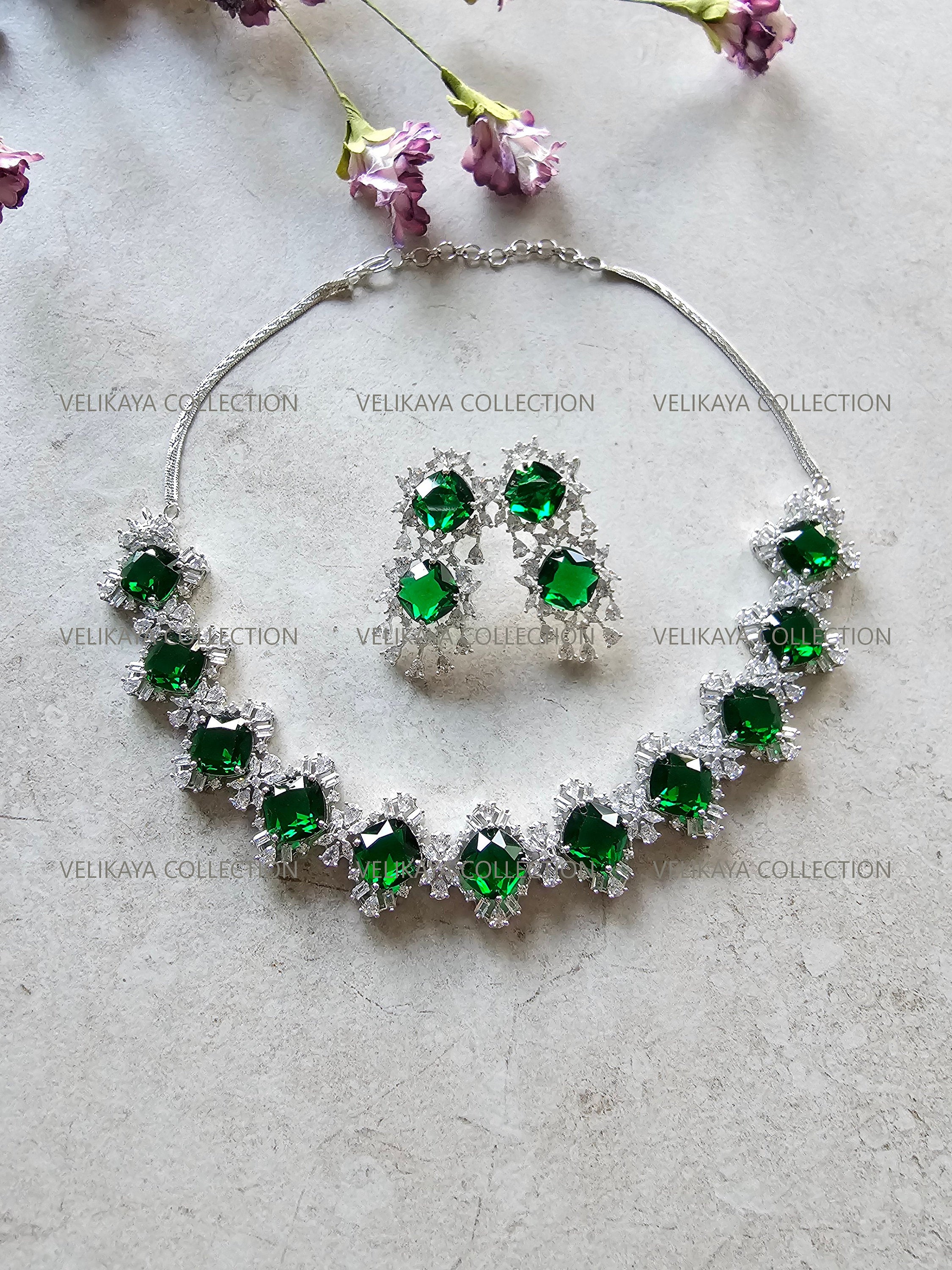 Victorian Emerald Halo Necklace & Earrings Set