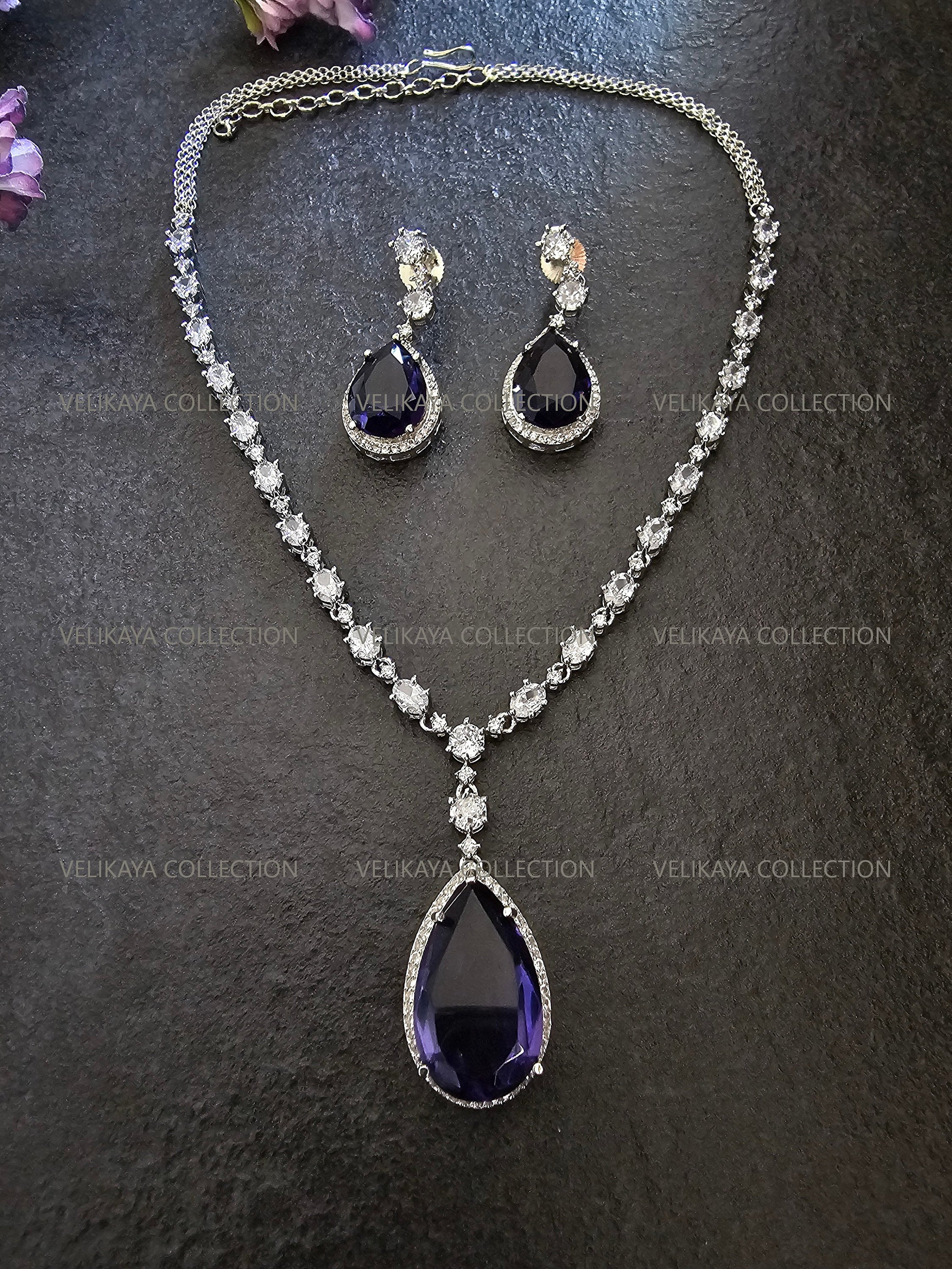 Mila Purple Pendant CZ Diamond Necklace Set