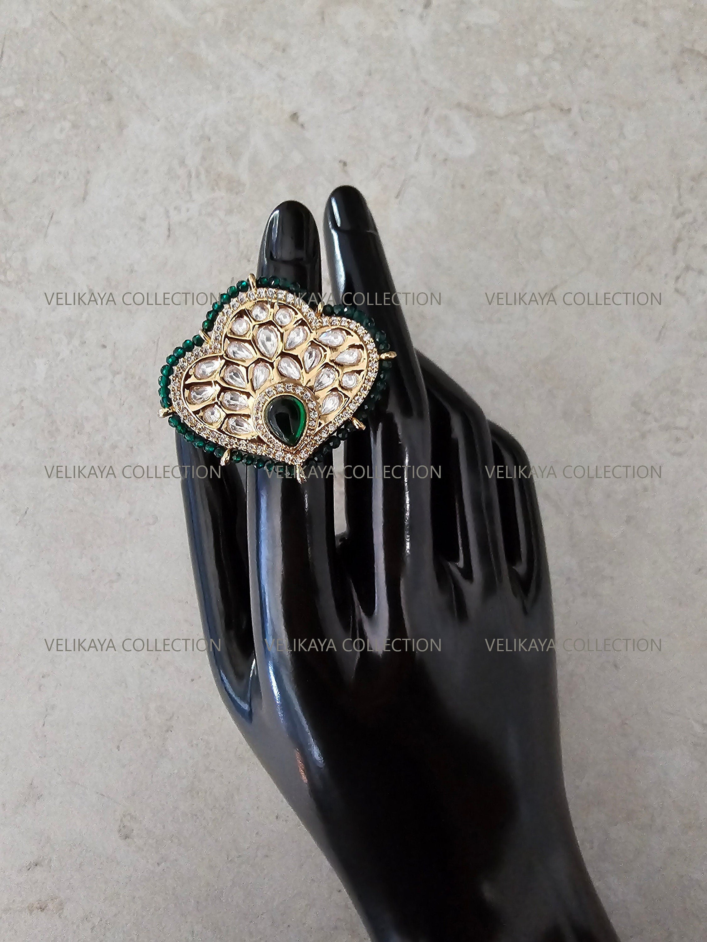 Kundan Ring with Emerald Green Beads