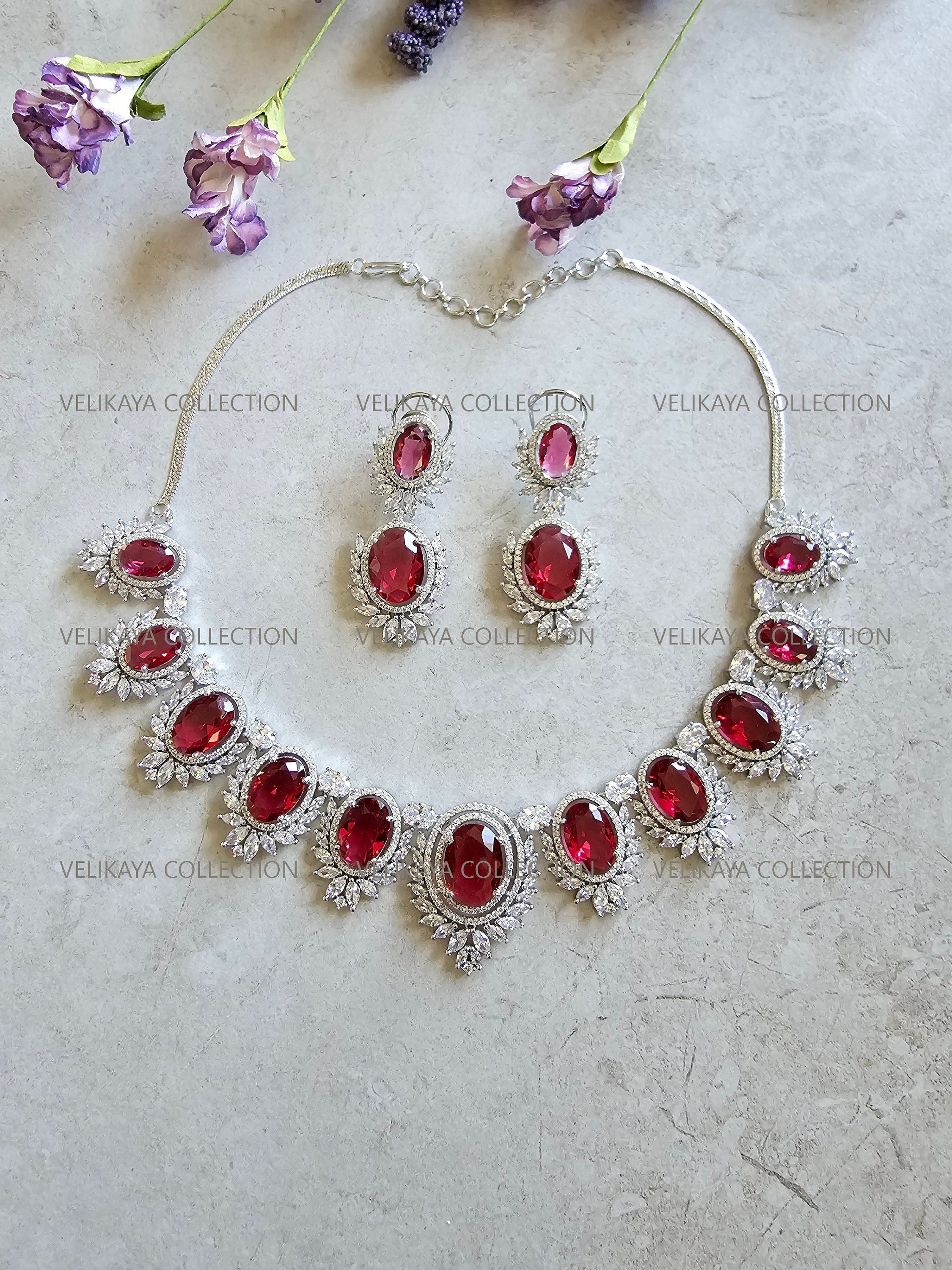 Victorian Ruby Oval Halo Necklace & Earrings