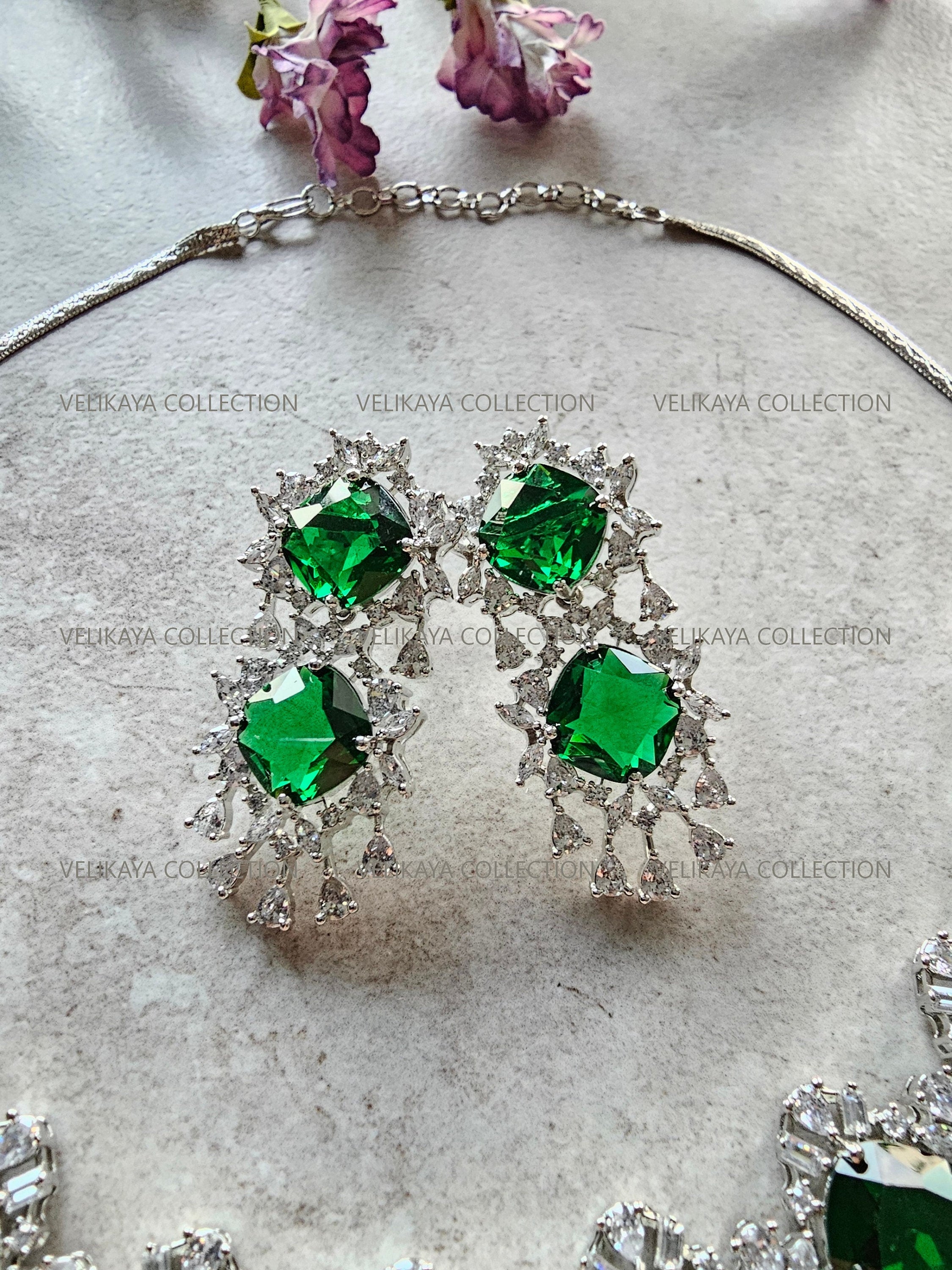 Victorian Emerald Halo Necklace & Earrings Set