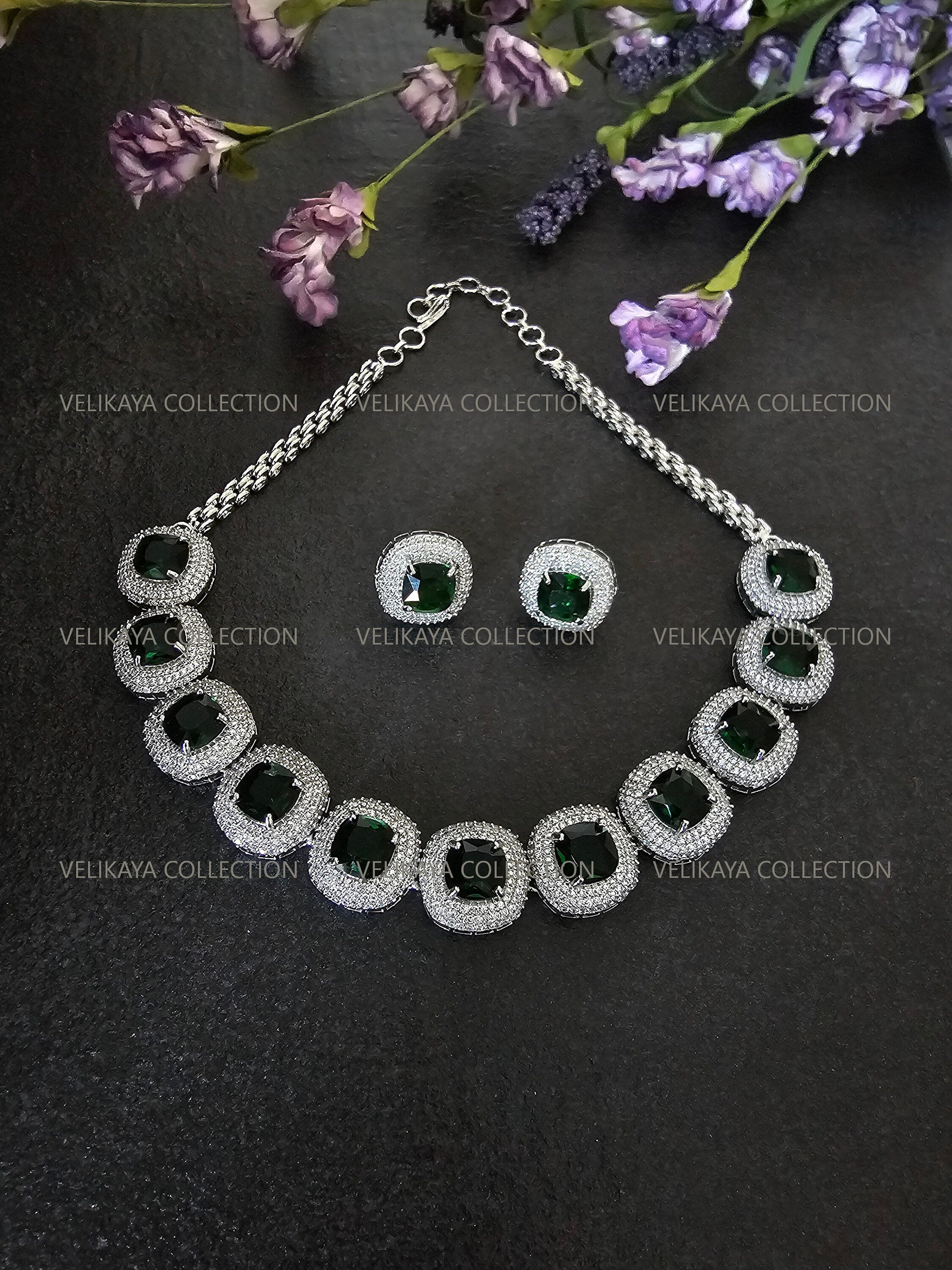 Milleni Emerald Green CZ Diamond Necklace Set