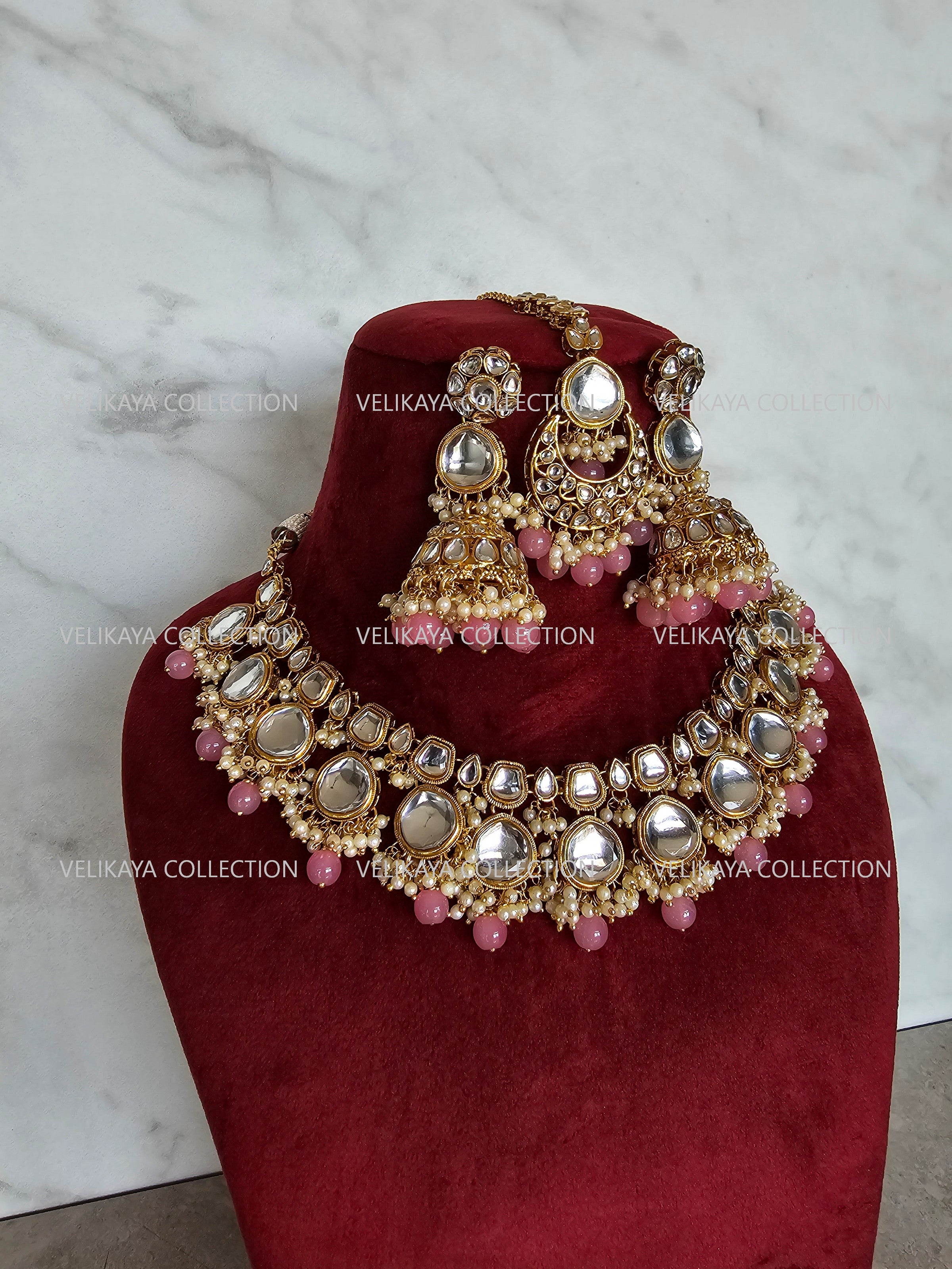 Nikki Kundan Choker Necklace Set in Pink