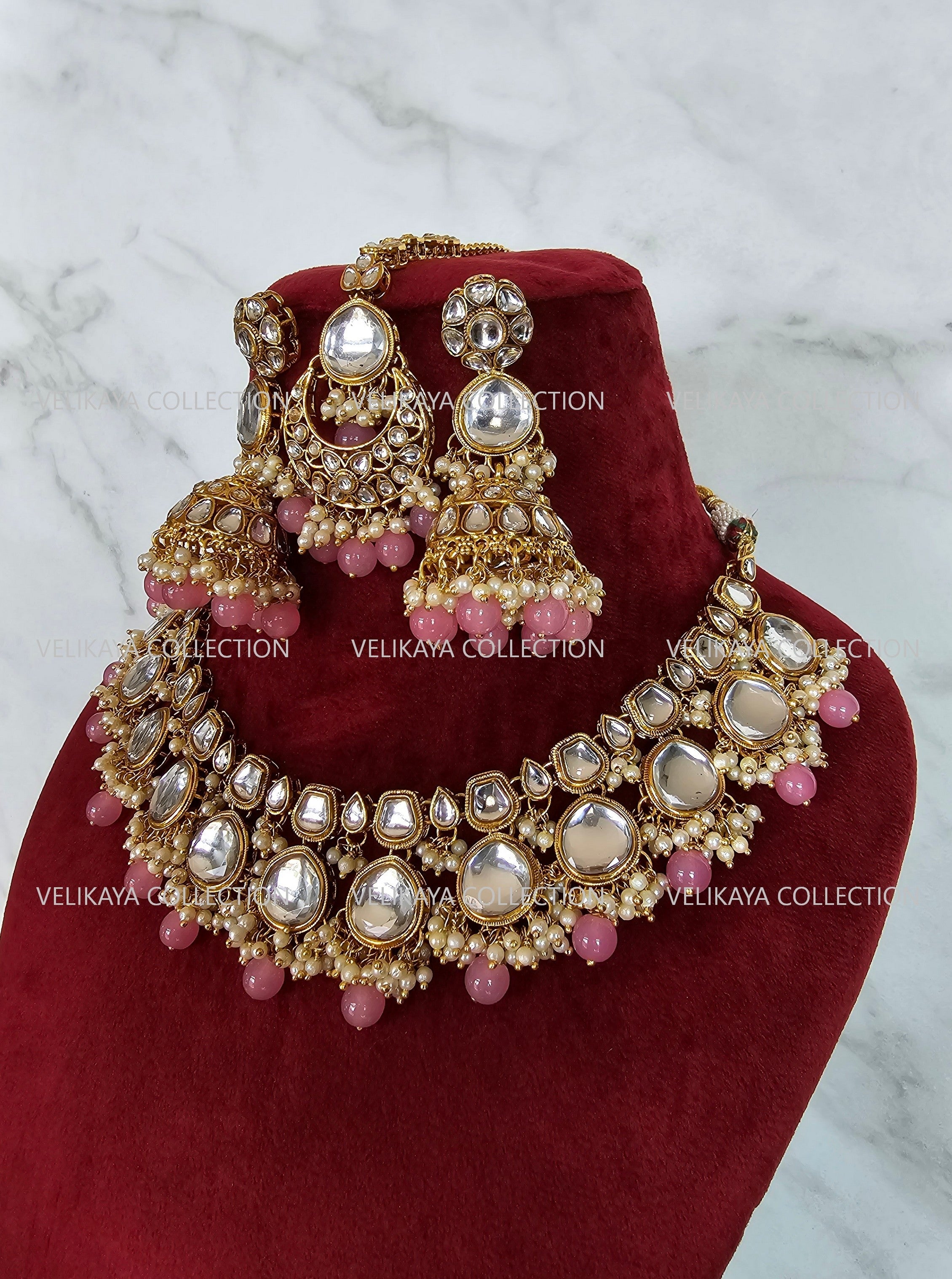 Nikki Kundan Choker Necklace Set in Pink