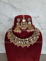 Load image into Gallery viewer, Adjustable kundan necklace set with earrings &amp; jhumka. Indian wedding jewelry, kundan jewelry &amp; polki jewelry. Bollywood party wear necklace. Pakistani wedding jewelry. Perfect gift for women for weddings, reception, mehendi function, sangeet, haldi. Can wear with sarees, suits, lehenga and Indowestern dresses.
