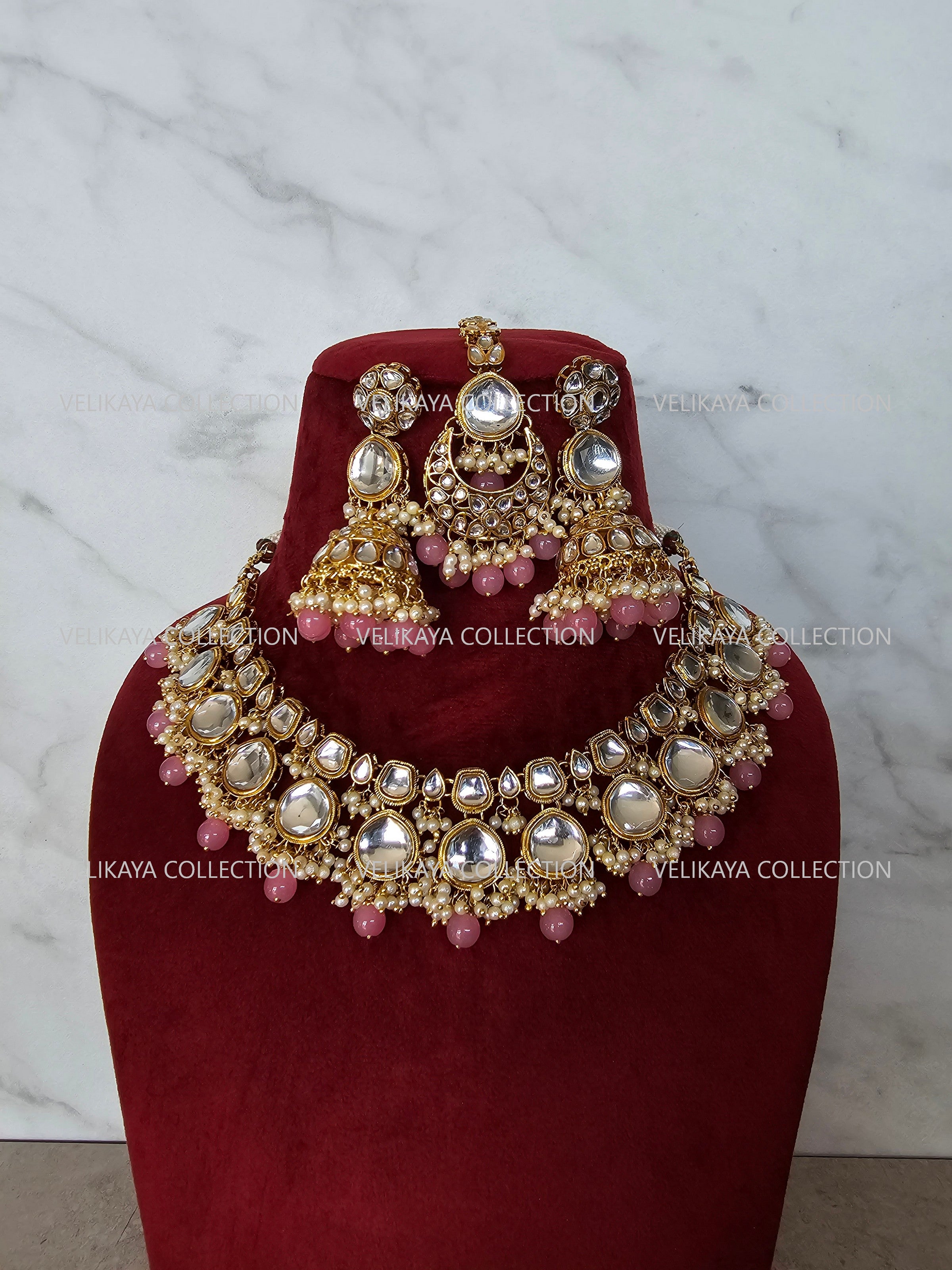 Nikki Kundan Choker Necklace Set in Pink