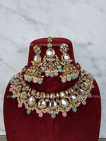 Load image into Gallery viewer, Adjustable kundan necklace set with earrings &amp; jhumka. Indian wedding jewelry, kundan jewelry &amp; polki jewelry. Bollywood party wear necklace. Pakistani wedding jewelry. Perfect gift for women for weddings, reception, mehendi function, sangeet, haldi. Can wear with sarees, suits, lehenga and Indowestern dresses.
