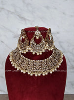 Load image into Gallery viewer, Adjustable polki necklace set with earrings &amp; jhumka. Indian wedding jewelry, kundan jewelry &amp; polki jewelry. Bollywood party wear necklace. Pakistani wedding jewelry. Perfect gift for women for weddings, reception, mehendi function, sangeet, haldi. Can wear with sarees, suits, lehenga and Indowestern dresses.
