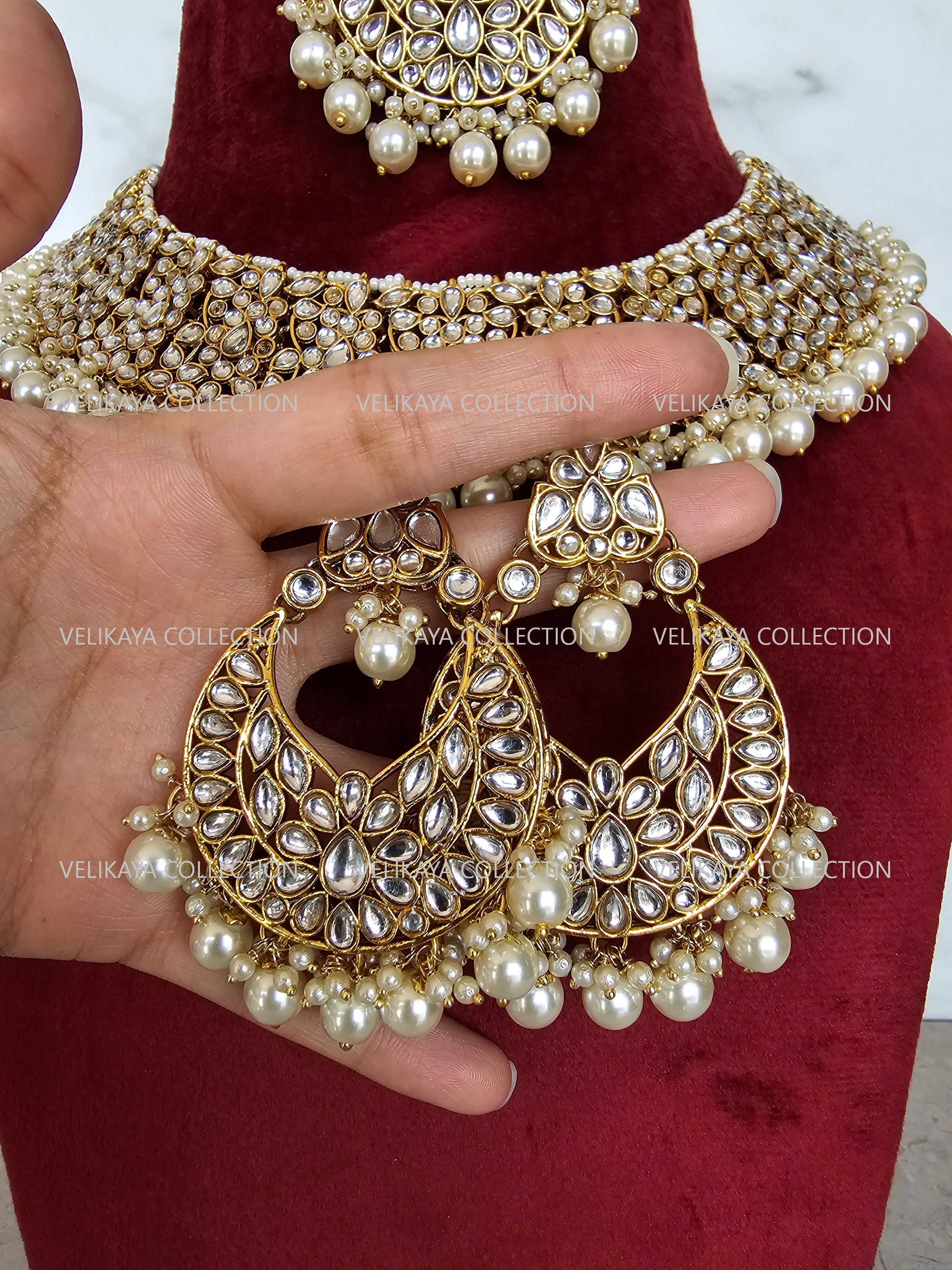 White Kundan Necklace with Chandbali Earrings & Tikka