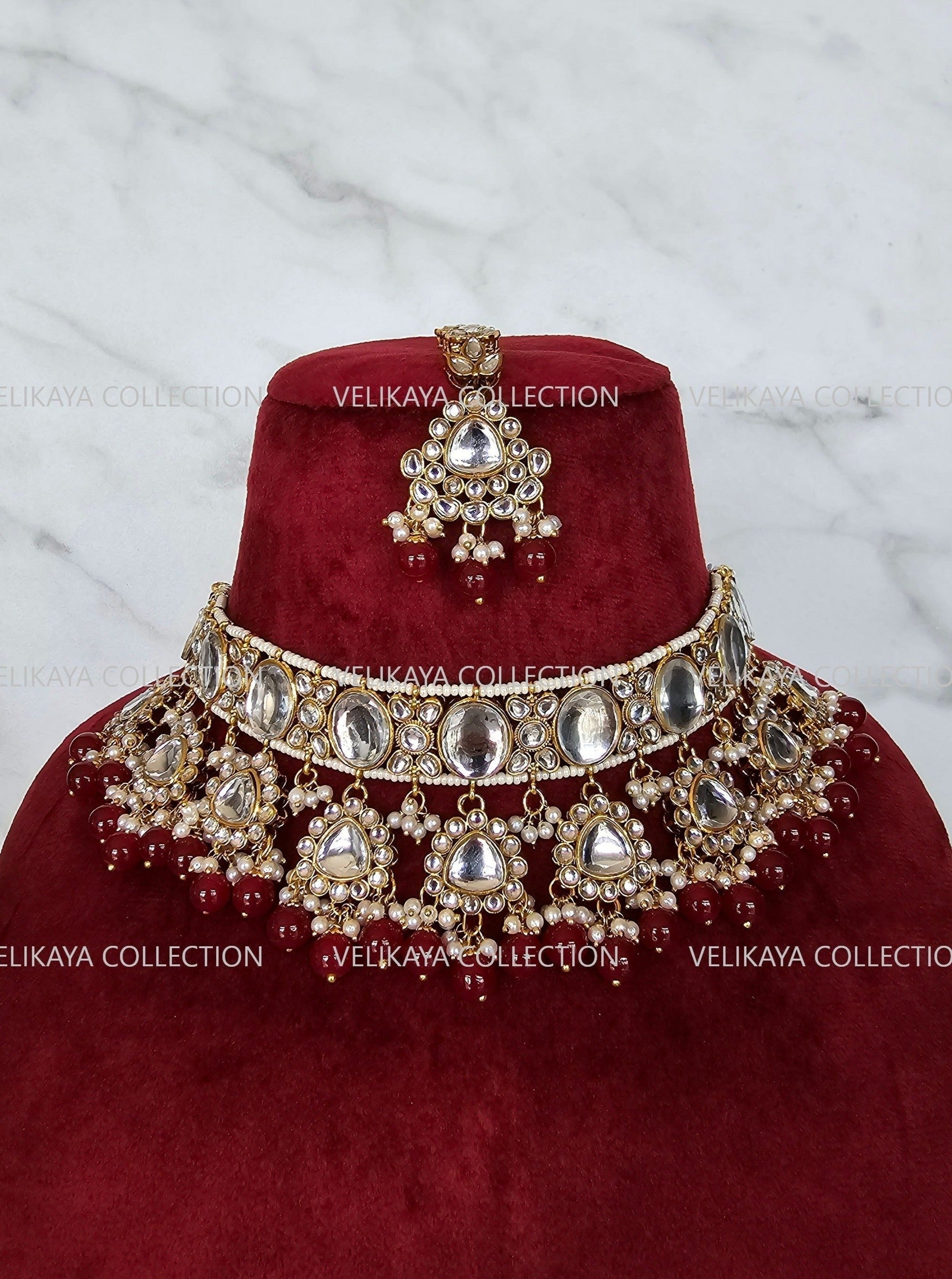 Kundan choker necklace with jhumkas and tikka. Gold plating. Mint beads. Indian wedding jewelry. Pakistani jewelry.