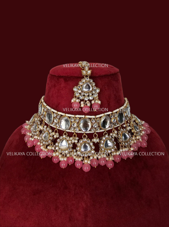 Kundan choker necklace with jhumkas and tikka. Gold plating. Mint beads. Indian wedding jewelry. Pakistani jewelry.