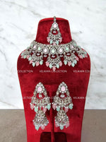 Load image into Gallery viewer, Adjustable polki necklace set with earrings &amp; jhumka. Indian wedding jewelry, kundan jewelry &amp; polki jewelry. Bollywood party wear necklace. Pakistani wedding jewelry. Perfect gift for women for weddings, reception, mehendi function, sangeet, haldi. Can wear with sarees, suits, lehenga and Indowestern dresses.
