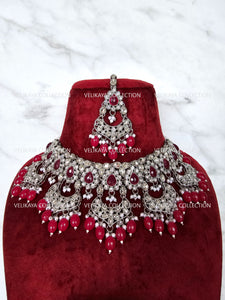 Tanu Silver Polki Choker Necklace with Jhumka Tikka - Red