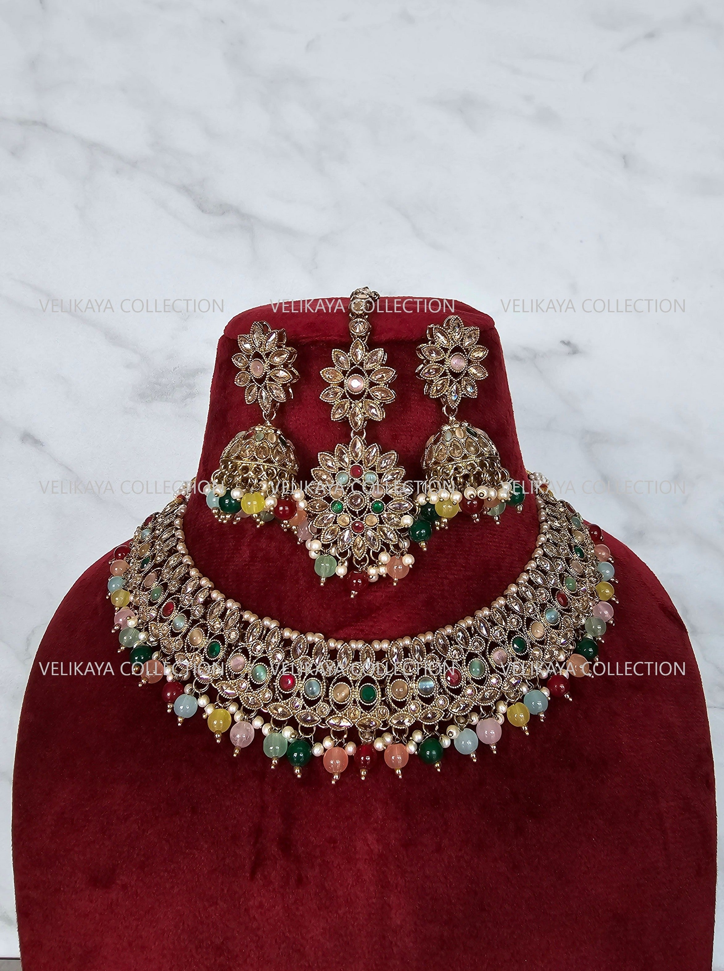 Misha Multicolor Polki Necklace with Jhumka Tikka