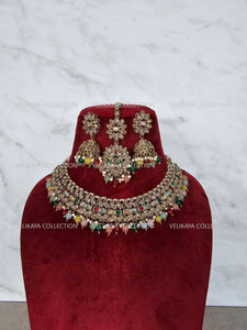 Misha Multicolor Polki Necklace with Jhumka Tikka