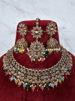 Load image into Gallery viewer, Adjustable polki necklace set with earrings &amp; jhumka. Indian wedding jewelry, kundan jewelry &amp; polki jewelry. Bollywood party wear necklace. Pakistani wedding jewelry. Perfect gift for women for weddings, reception, mehendi function, sangeet, haldi. Can wear with sarees, suits, lehenga and Indowestern dresses.
