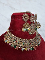 Load image into Gallery viewer, Misha Multicolor Polki Necklace with Jhumka Tikka
