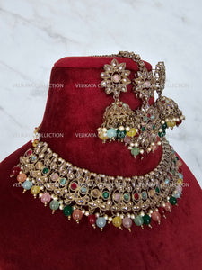 Misha Multicolor Polki Necklace with Jhumka Tikka