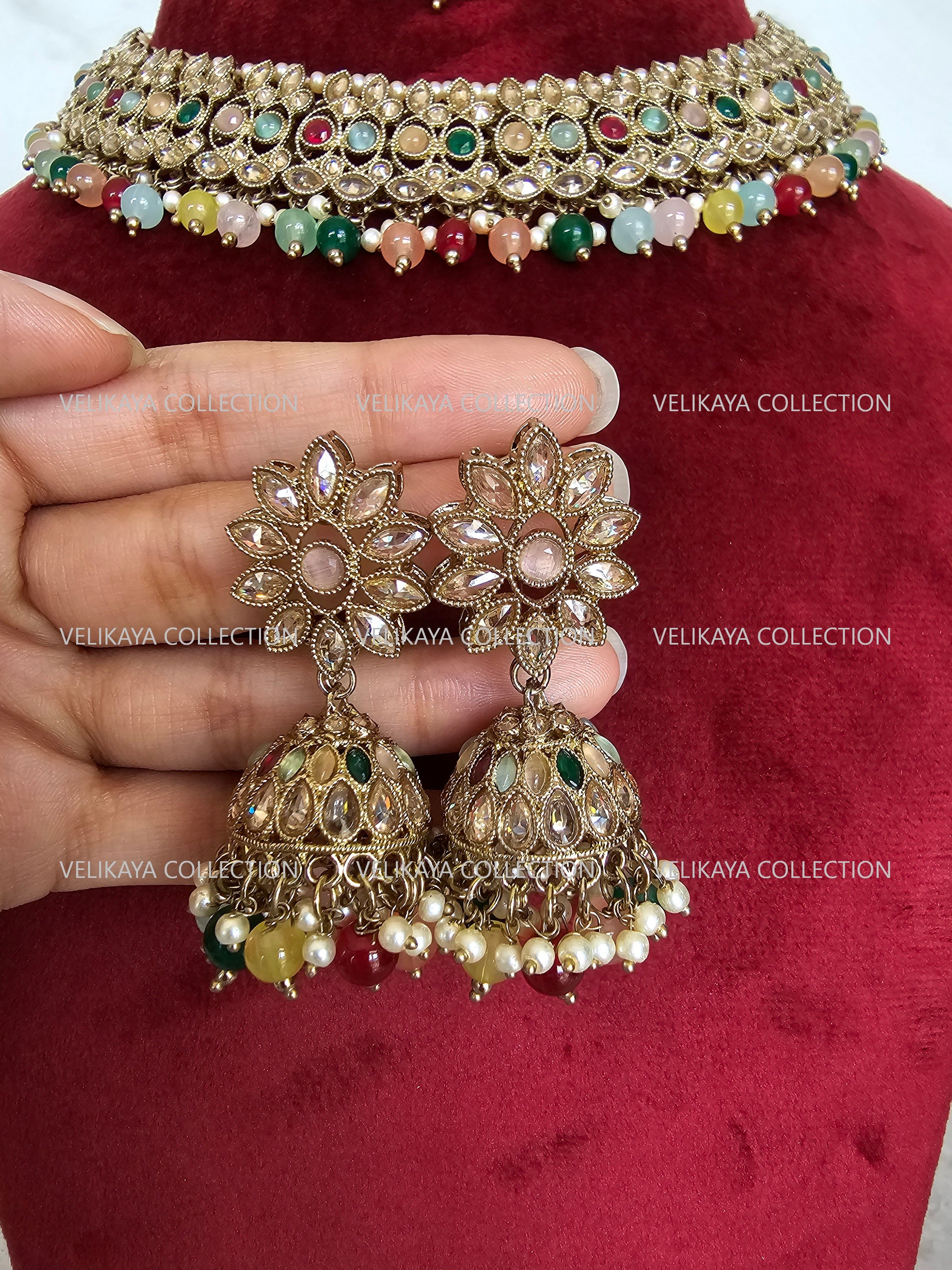 Misha Multicolor Polki Necklace with Jhumka Tikka