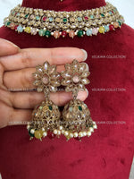 Load image into Gallery viewer, Misha Multicolor Polki Necklace with Jhumka Tikka
