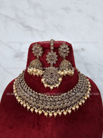 Load image into Gallery viewer, Adjustable polki necklace set with earrings &amp; jhumka. Indian wedding jewelry, kundan jewelry &amp; polki jewelry. Bollywood party wear necklace. Pakistani wedding jewelry. Perfect gift for women for weddings, reception, mehendi function, sangeet, haldi. Can wear with sarees, suits, lehenga and Indowestern dresses.
