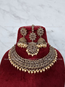 Adjustable polki necklace set with earrings & jhumka. Indian wedding jewelry, kundan jewelry & polki jewelry. Bollywood party wear necklace. Pakistani wedding jewelry. Perfect gift for women for weddings, reception, mehendi function, sangeet, haldi. Can wear with sarees, suits, lehenga and Indowestern dresses.