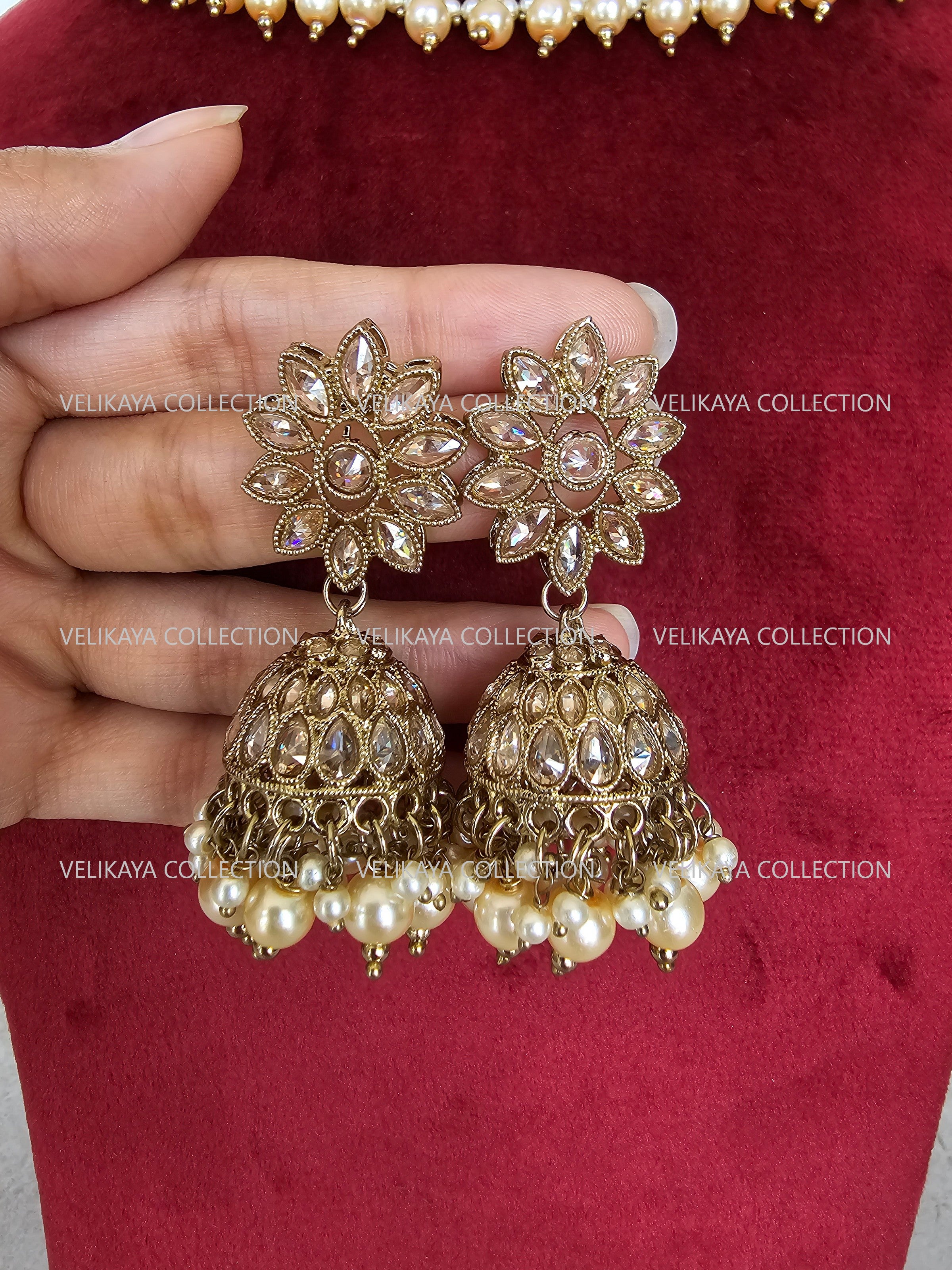 Misha Antique Polki Necklace with Jhumka Tikka