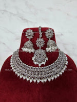 Load image into Gallery viewer, Adjustable polki necklace set with earrings &amp; jhumka. Indian wedding jewelry, kundan jewelry &amp; polki jewelry. Bollywood party wear necklace. Pakistani wedding jewelry. Perfect gift for women for weddings, reception, mehendi function, sangeet, haldi. Can wear with sarees, suits, lehenga and Indowestern dresses.
