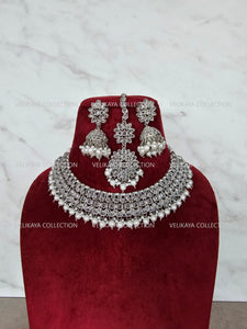 Misha Silver Polki Necklace with Jhumka Tikka