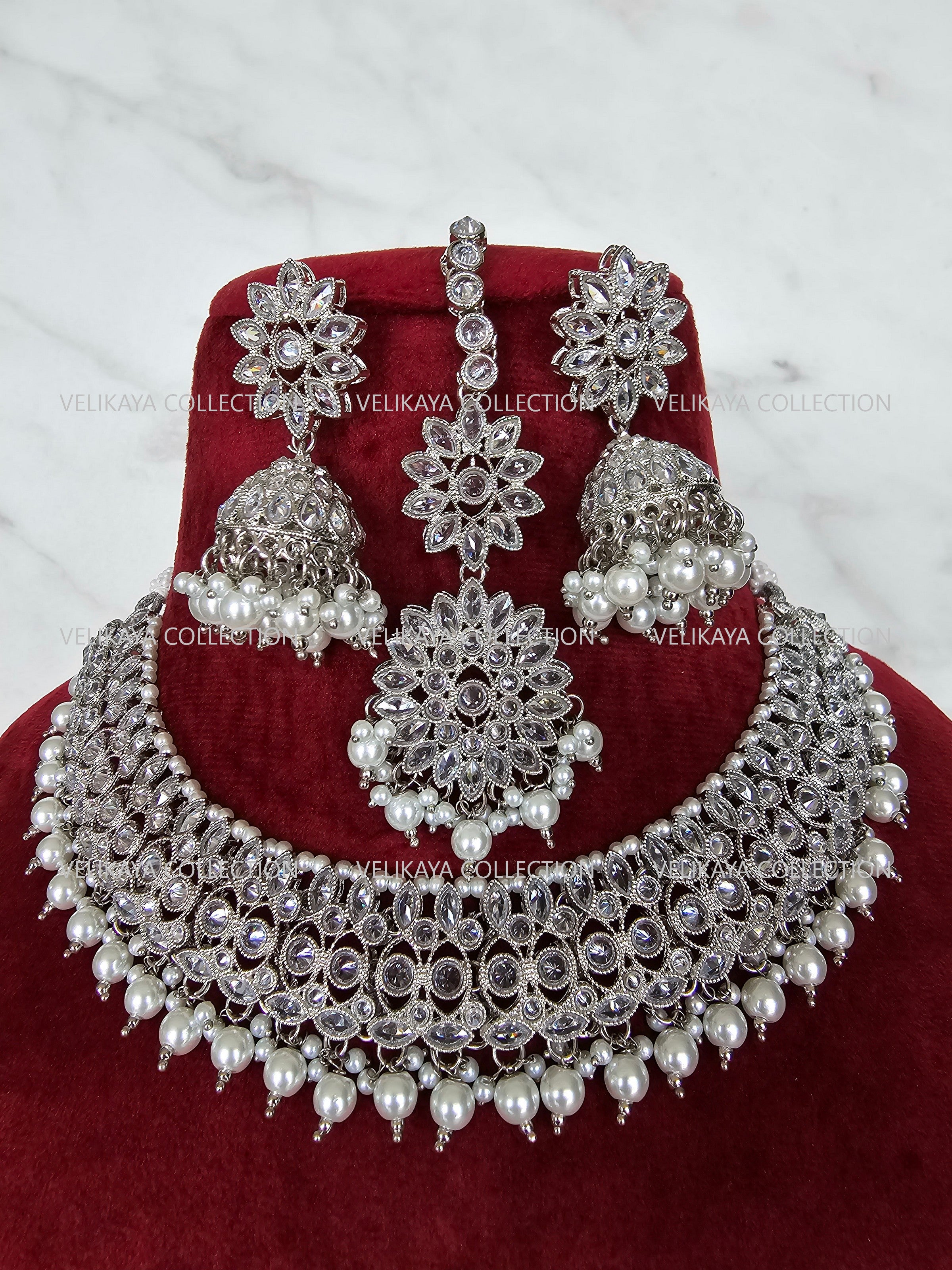 Misha Silver Polki Necklace with Jhumka Tikka