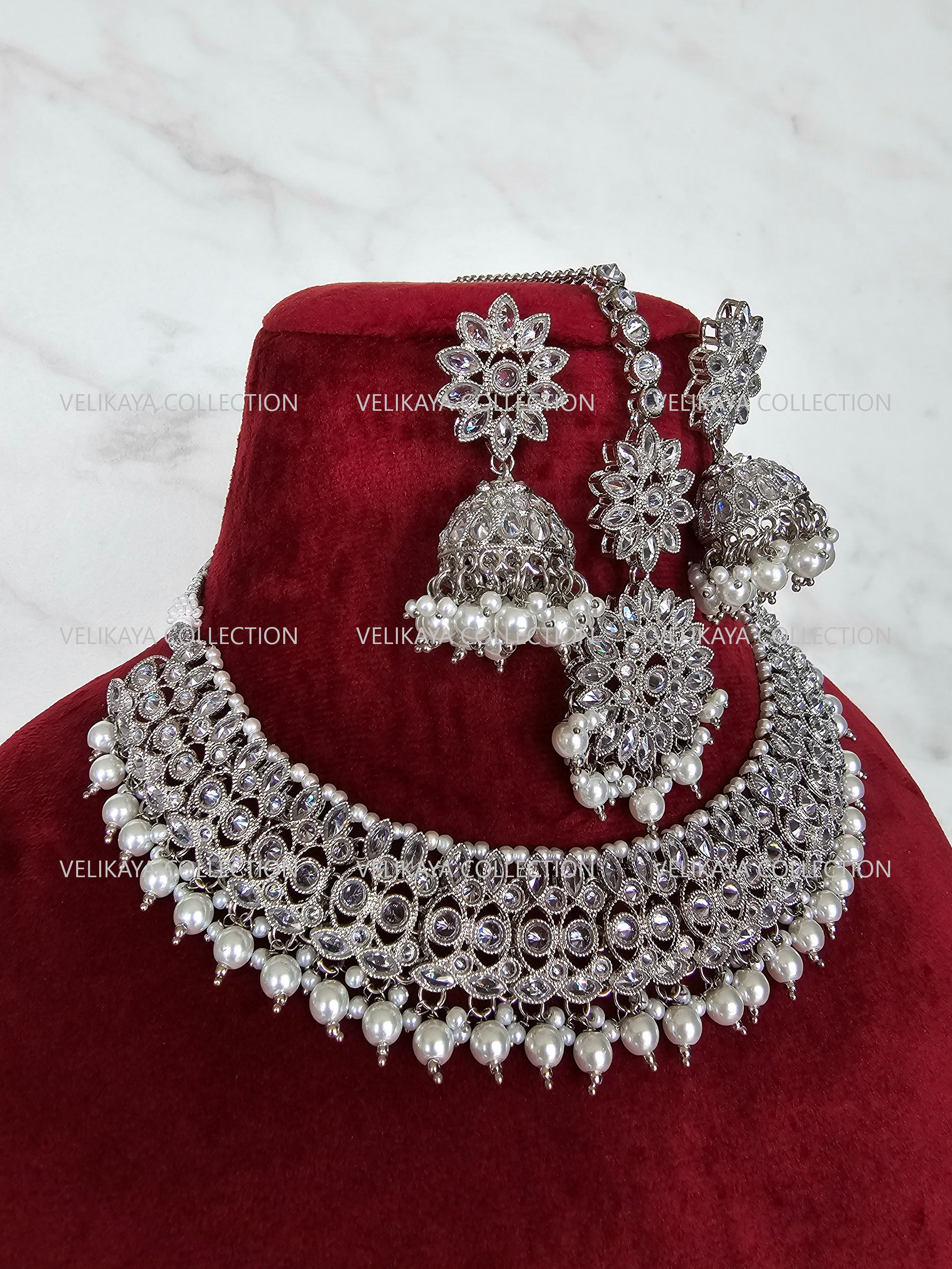 Misha Silver Polki Necklace with Jhumka Tikka