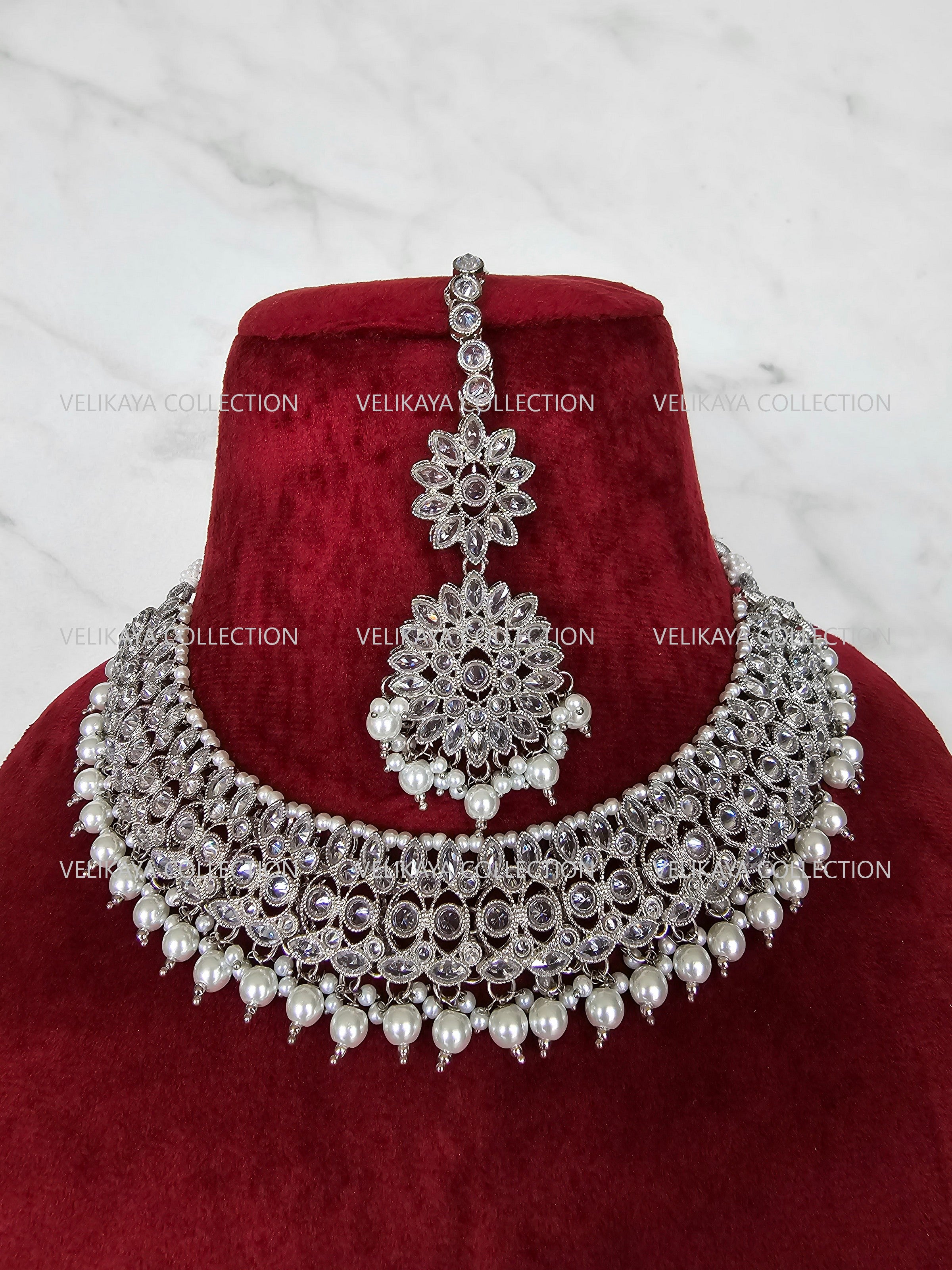 Misha Silver Polki Necklace with Jhumka Tikka