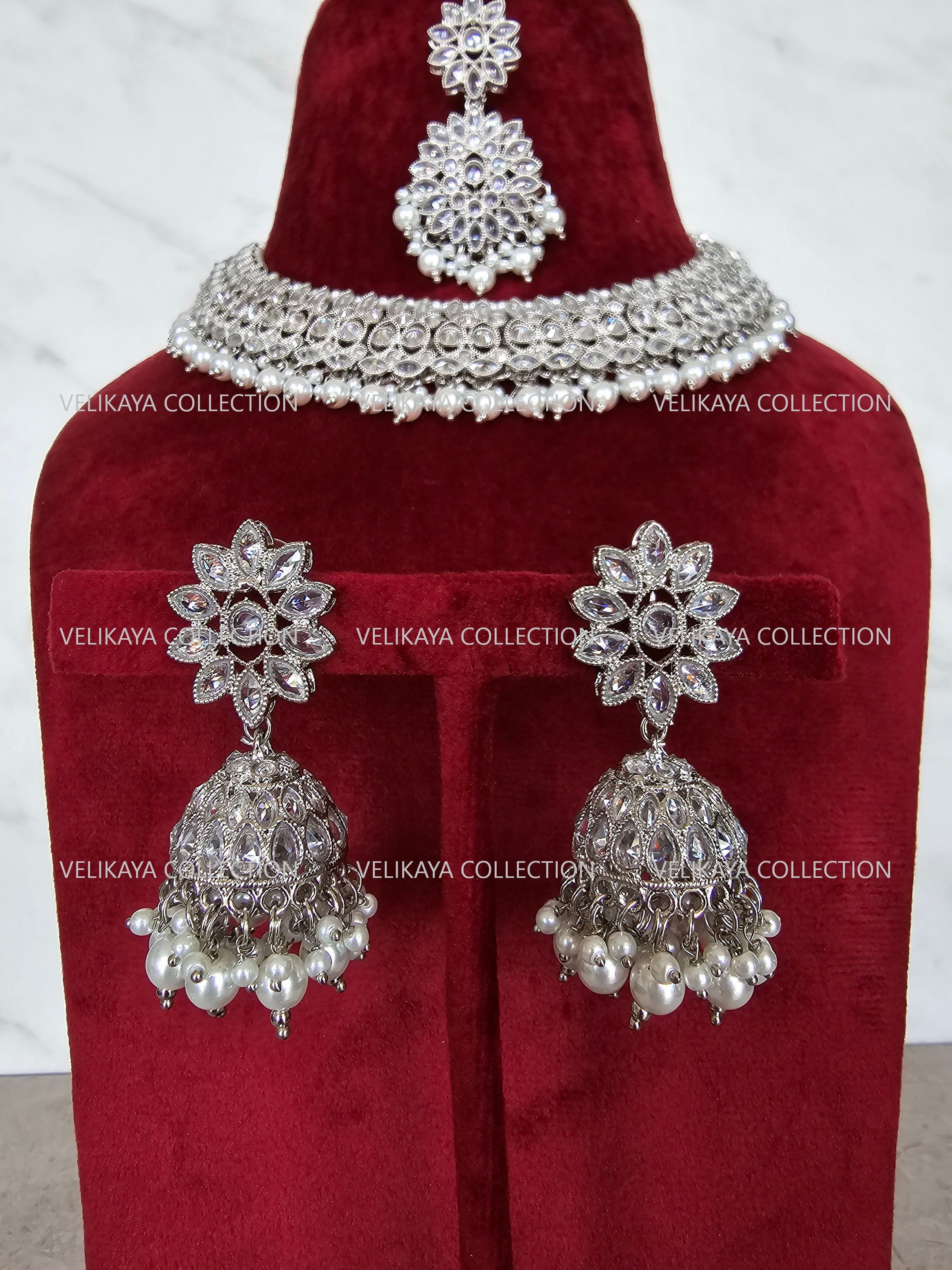 Misha Silver Polki Necklace with Jhumka Tikka