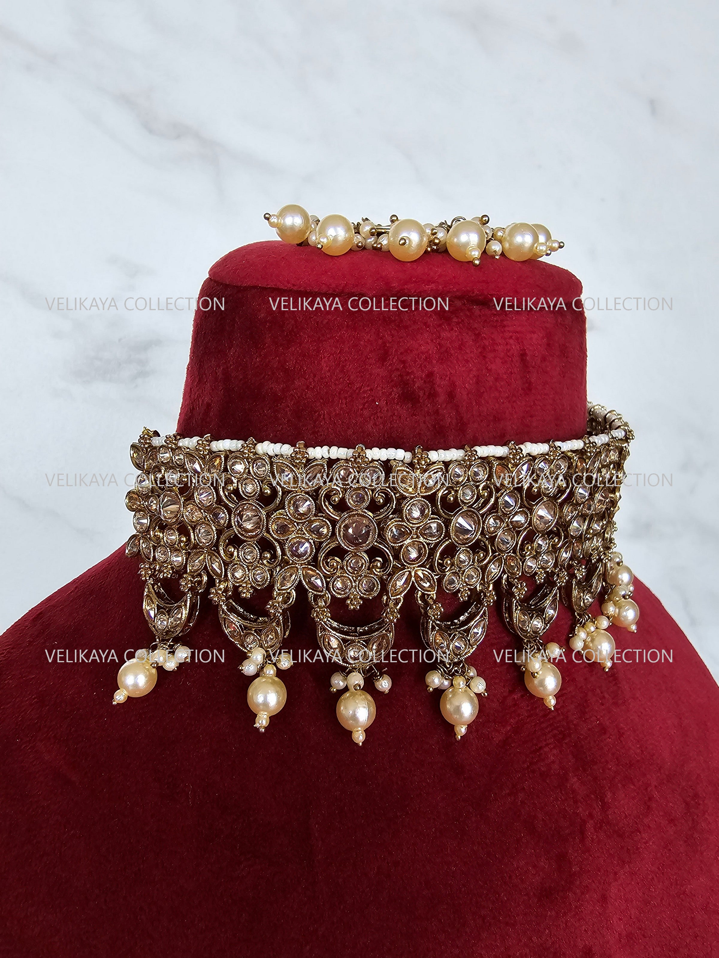 Gina Antique Polki Choker Necklace with Earrings Tikka