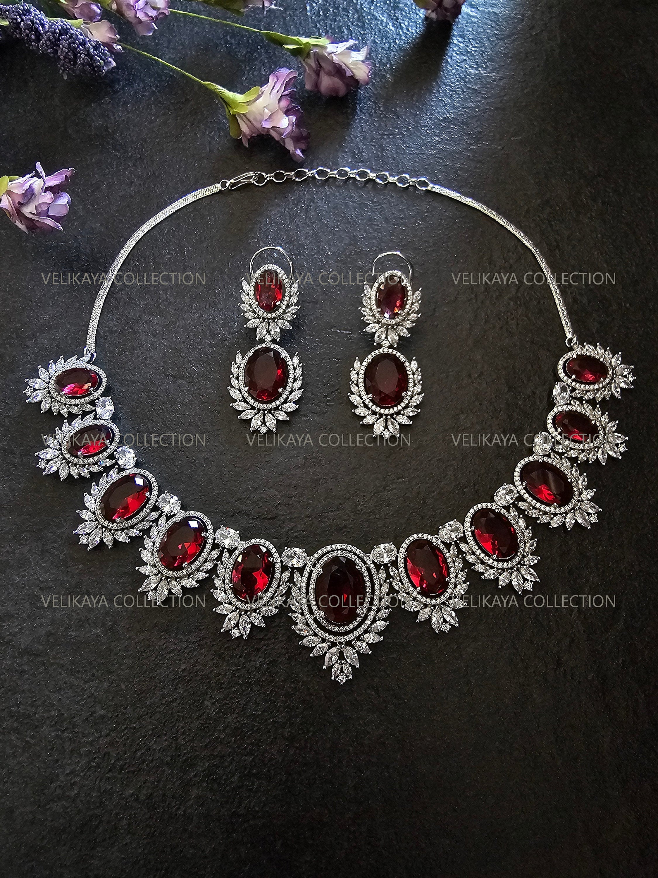 Victorian Ruby Halo Necklace & Earrings Set. Indian Jewelry. Swarovski Jewelry. Swarovski necklace set. Statement earrings. Swarovski Crystal Necklace Earrings.