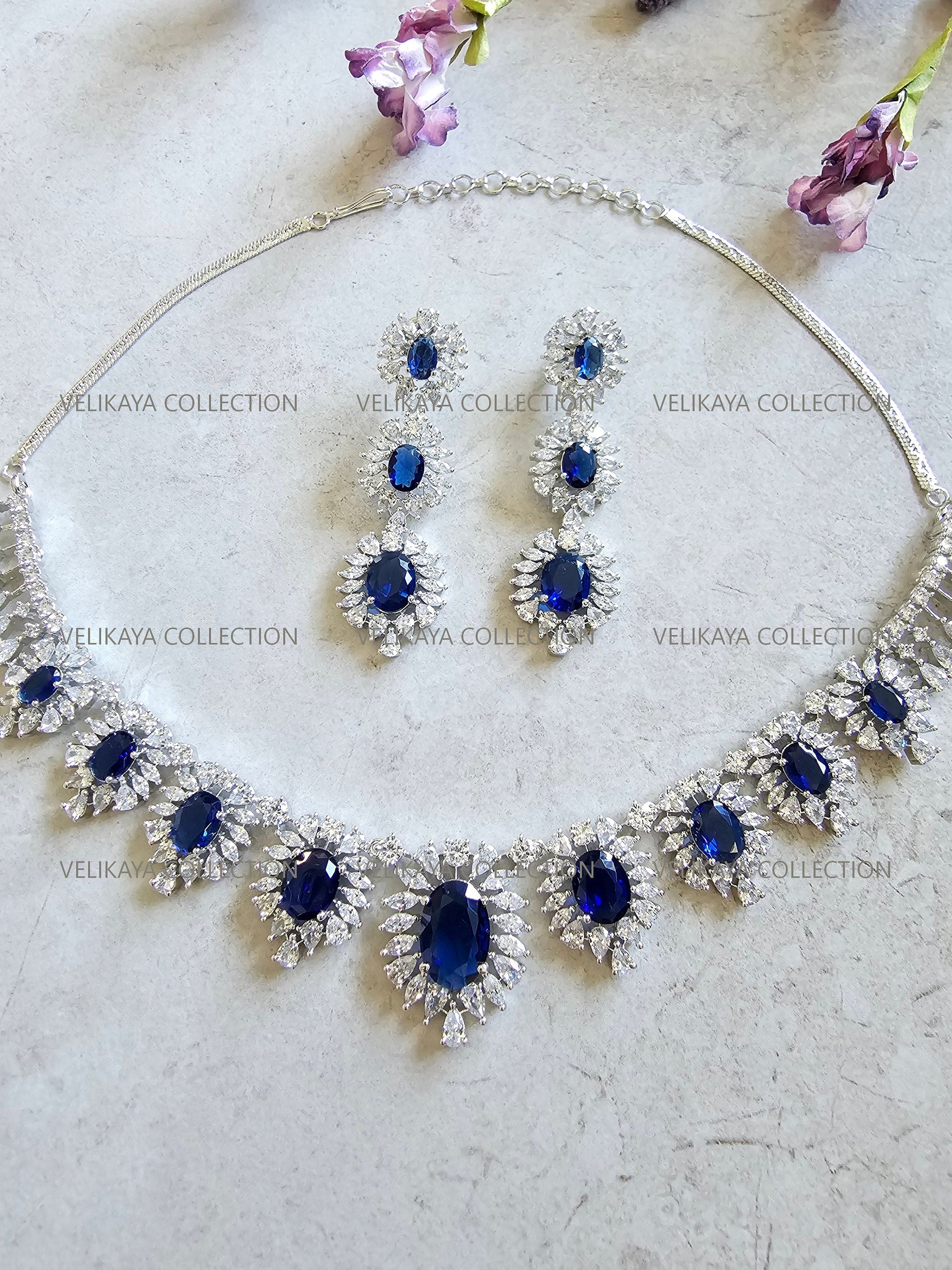 Victoria Sapphire Blue CZ Diamond Necklace Set