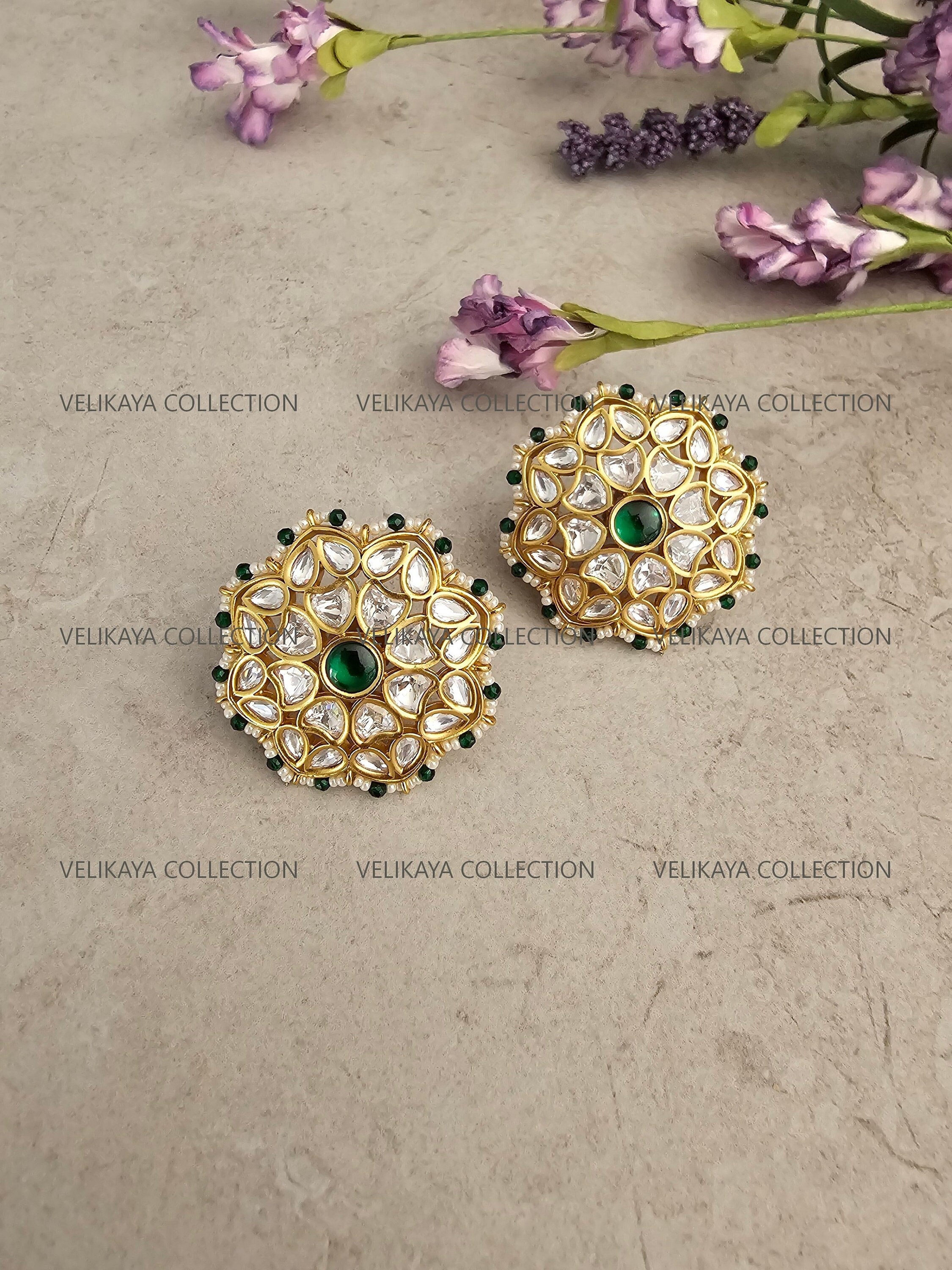 Deepika Emerald Kundan Studs Earrings