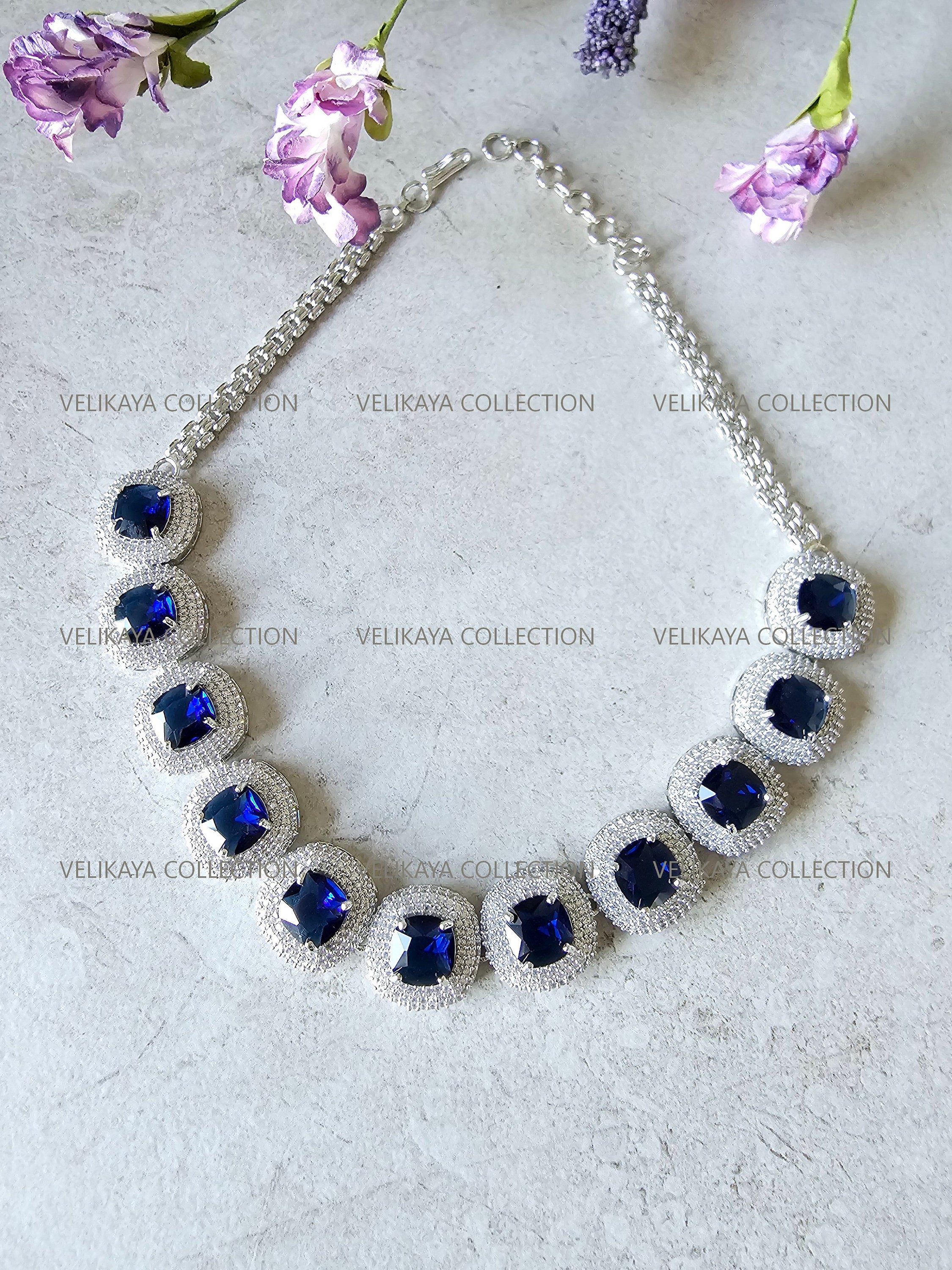 Milleni Sapphire Blue CZ Diamond Necklace Set