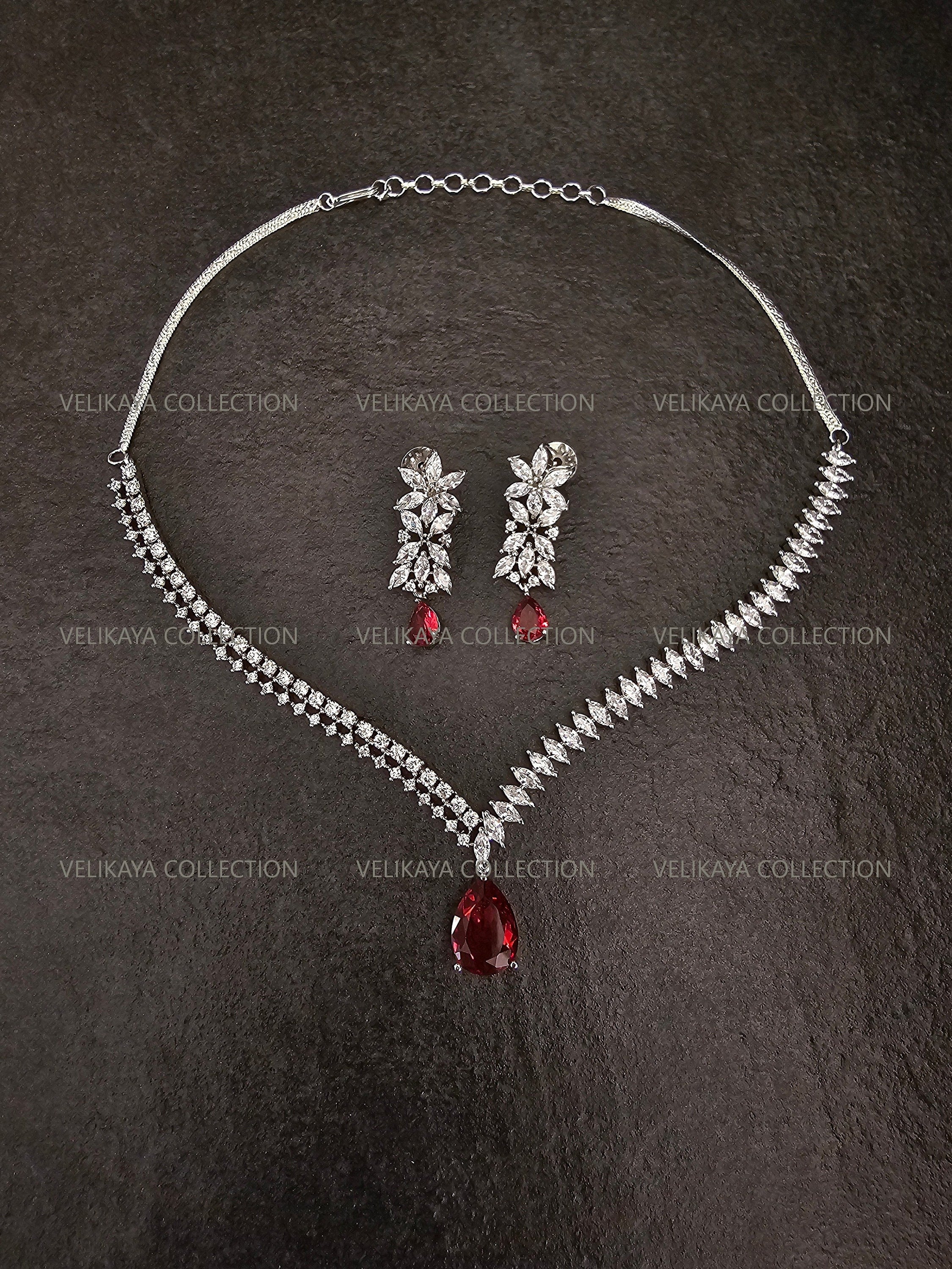 Niki CZ Diamond Wedding Necklace Set in Ruby Red