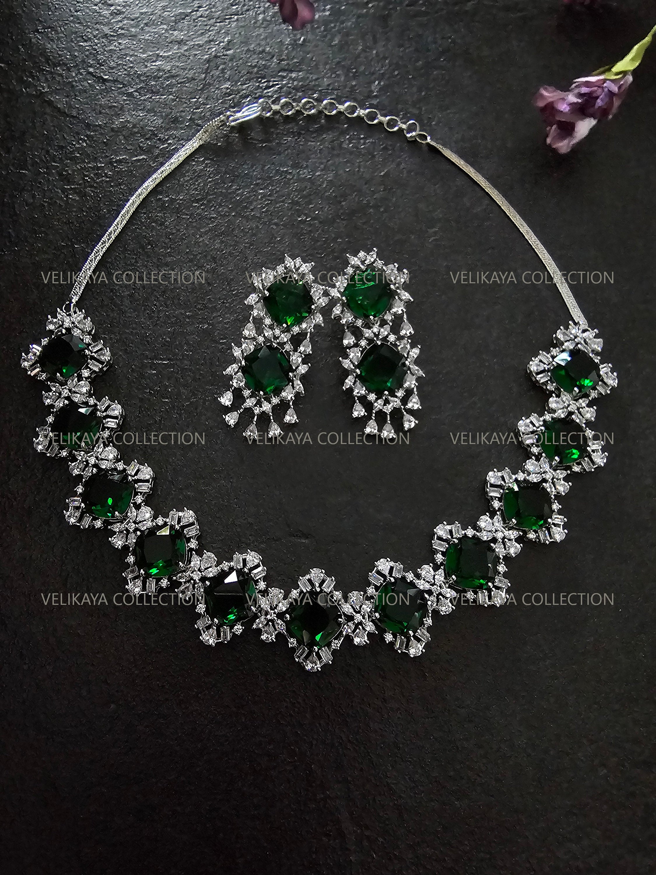 Victorian Emerald Halo Necklace & Earrings Set. Indian Jewelry. Swarovski Jewelry. Swarovski necklace set. Statement earrings. Swarovski Crystal Necklace Earrings.