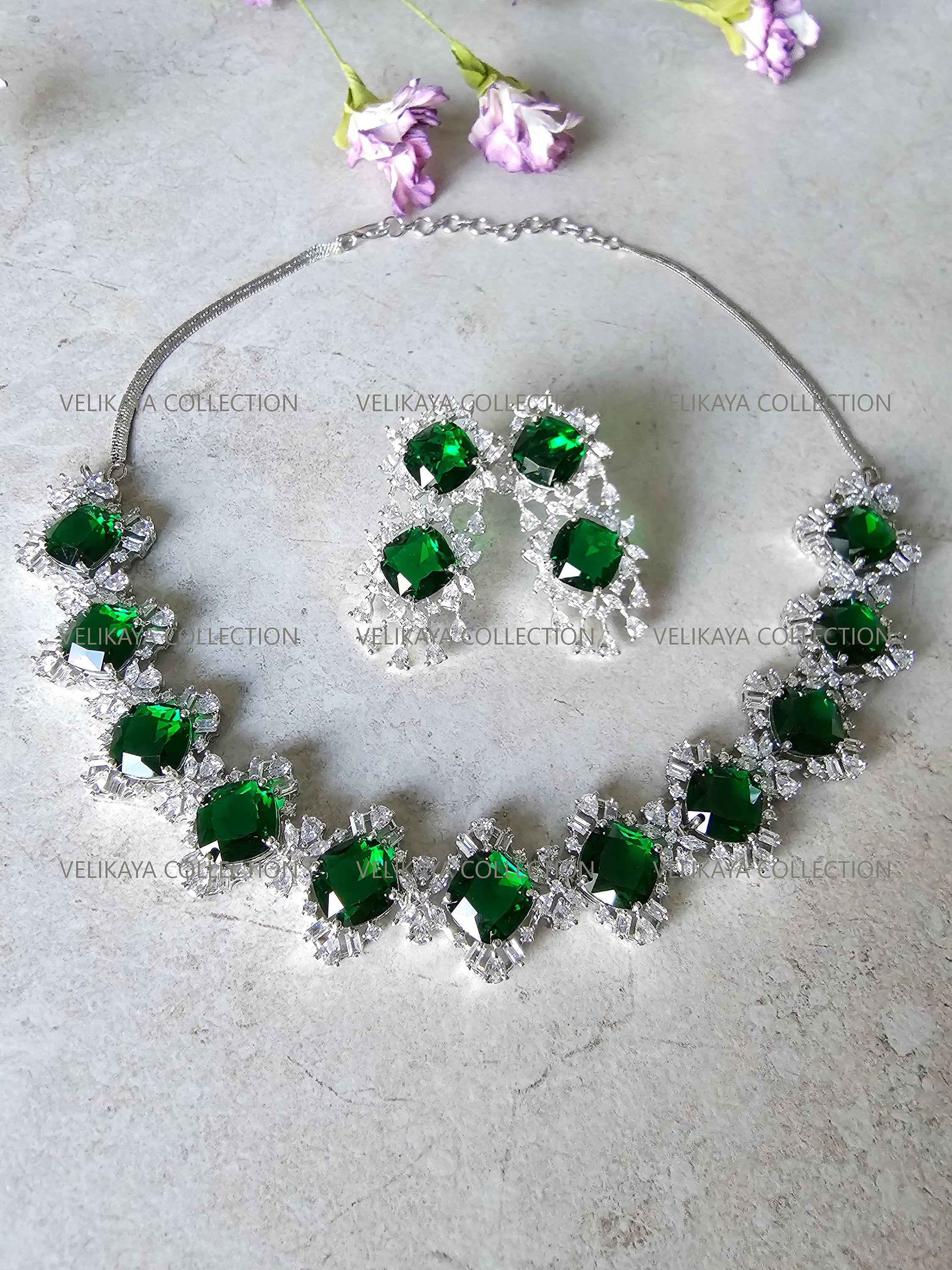 Victorian Emerald Halo Necklace & Earrings Set. Indian Jewelry. Swarovski Jewelry. Swarovski necklace set. Statement earrings. Swarovski Crystal Necklace Earrings.