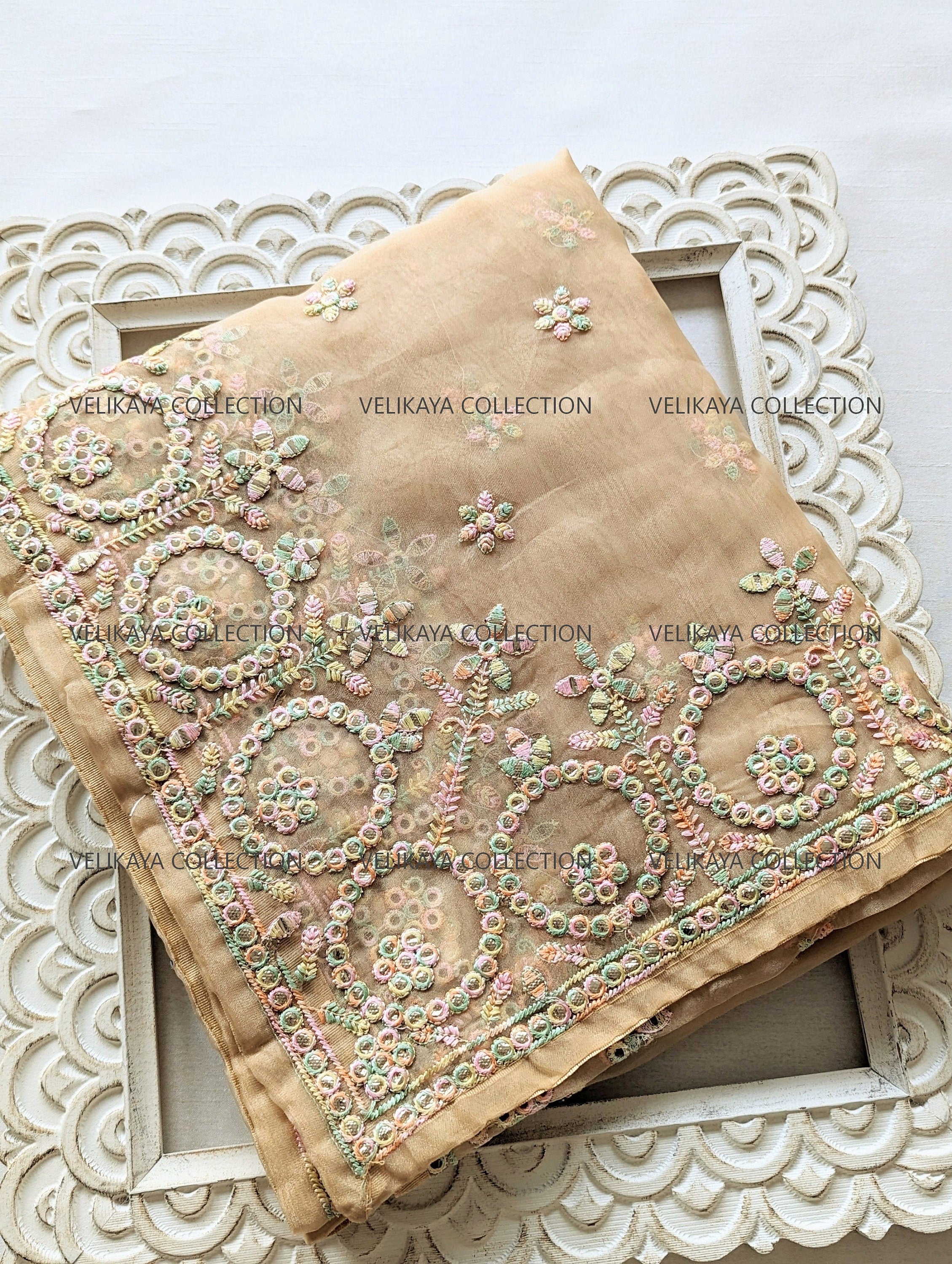 Beige Organza Saree with Blouse