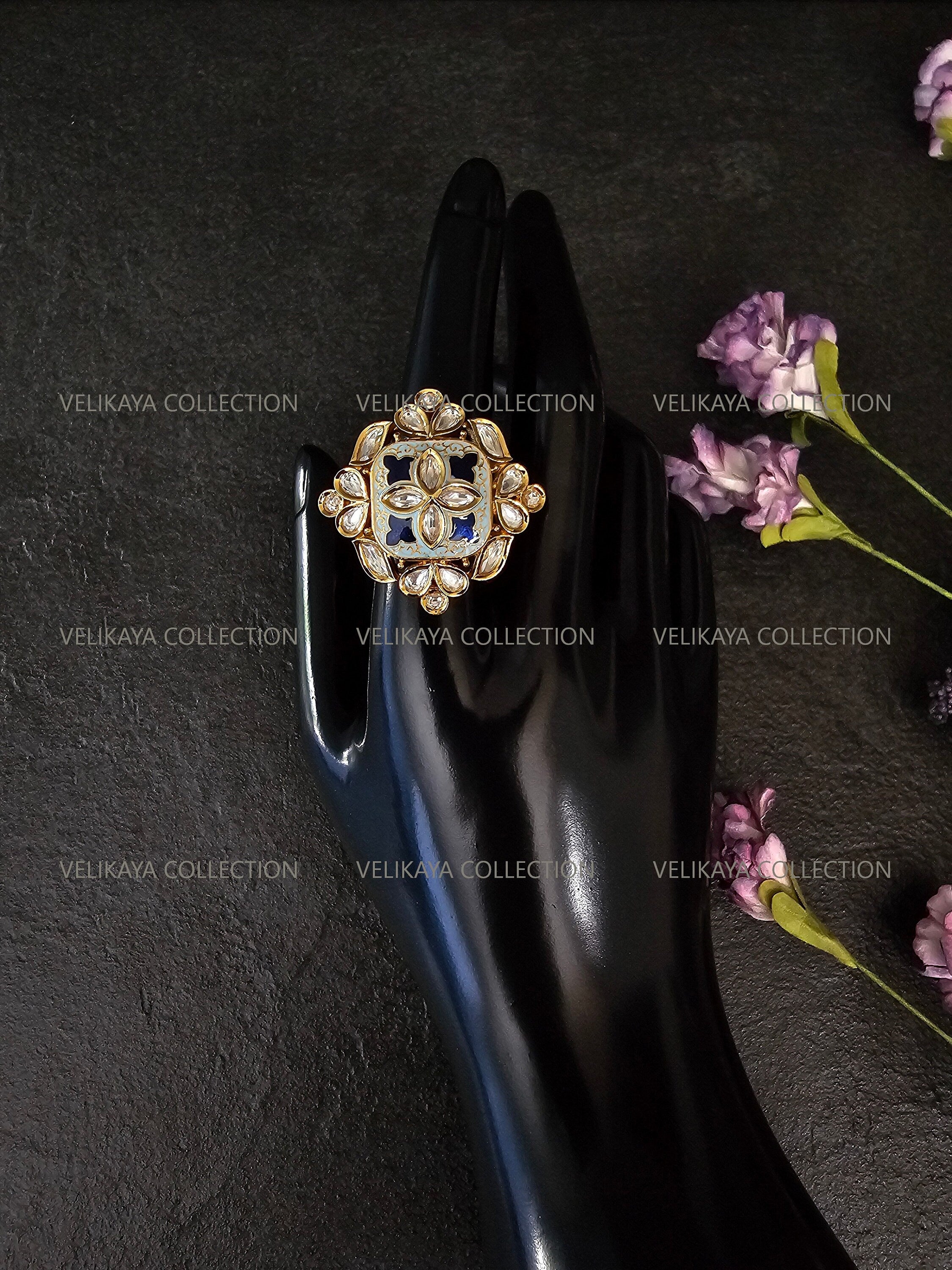 Meenakari Kundan Ring - Gold Blue