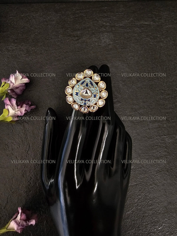 Meenakari Kundan Ring  - Blue