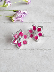 Flower CZ Diamond Earrings Ruby