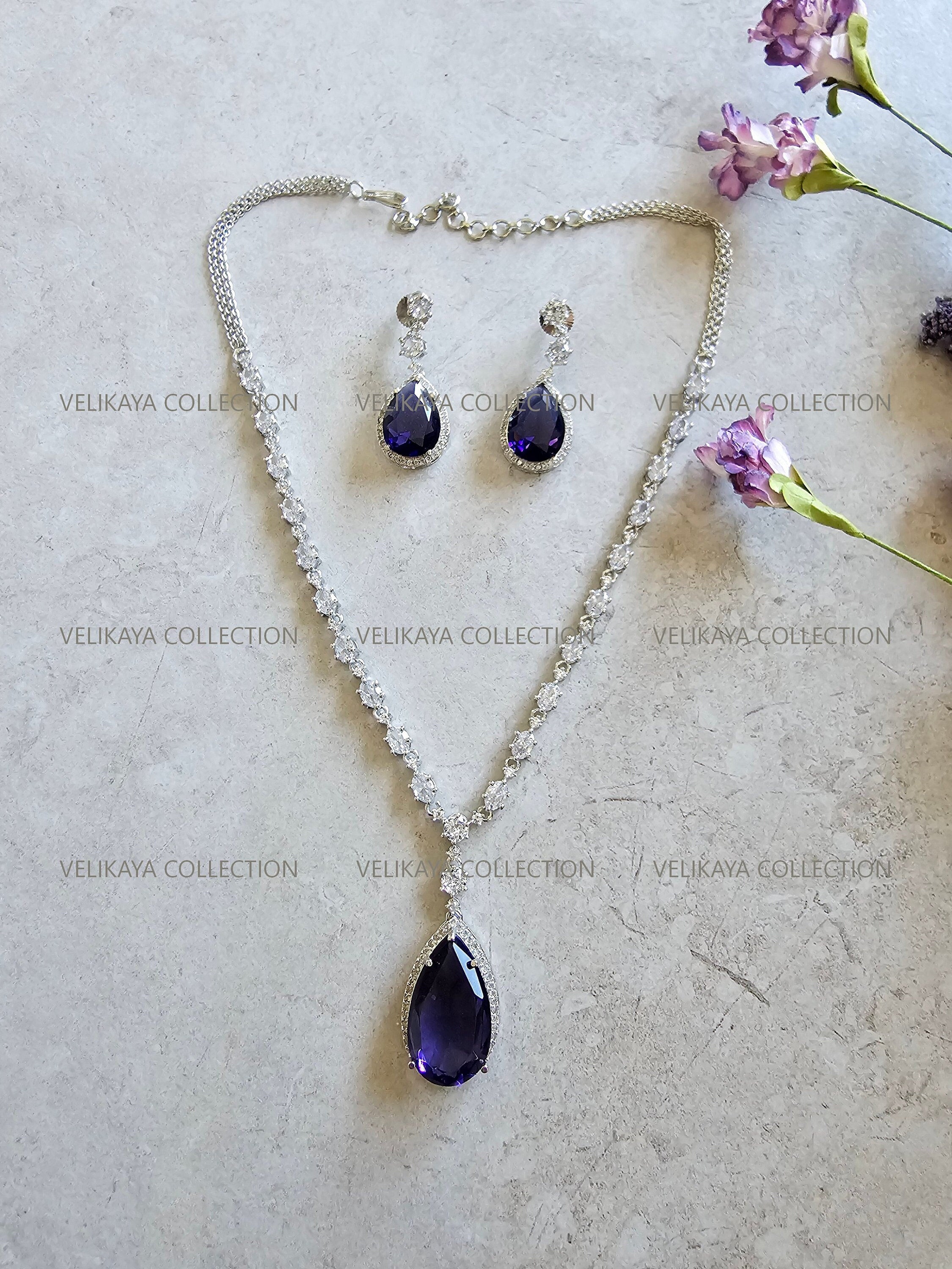 Mila Purple Pendant CZ Diamond Necklace Set