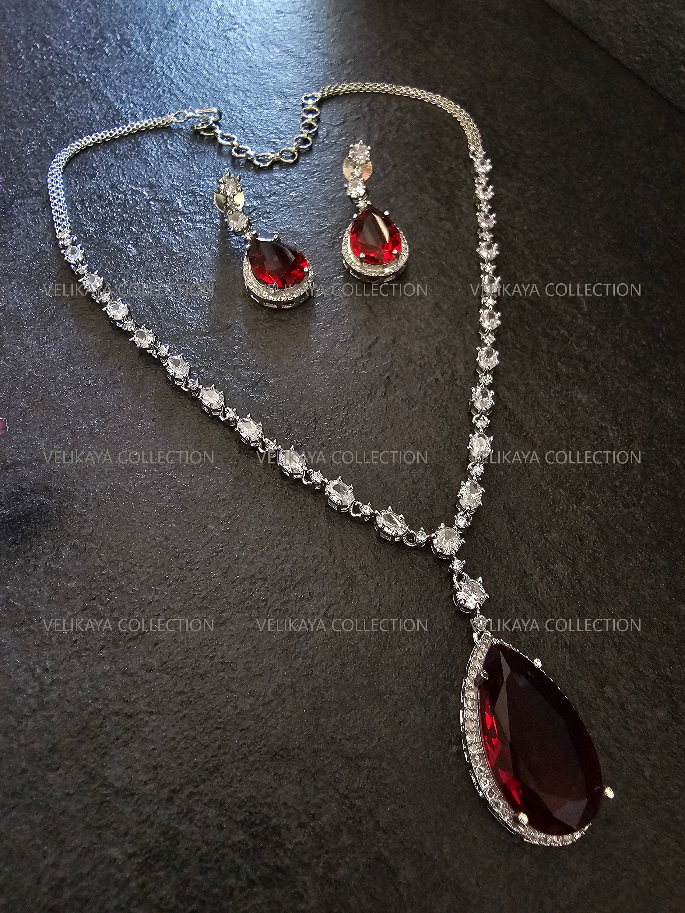 Mila Red Pendant CZ Diamond Necklace Set